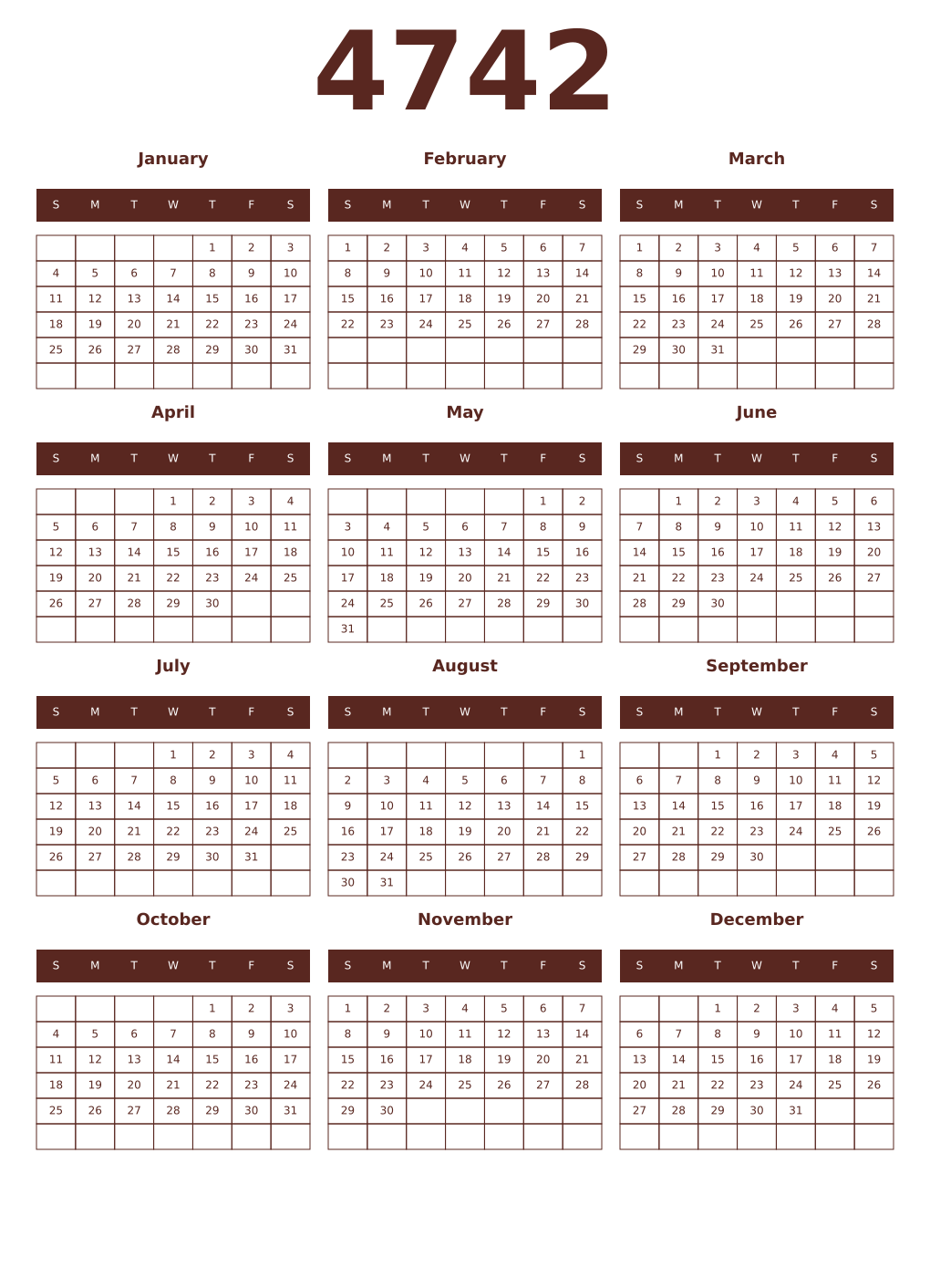 Printable 4742 Year Calendars mortuum
