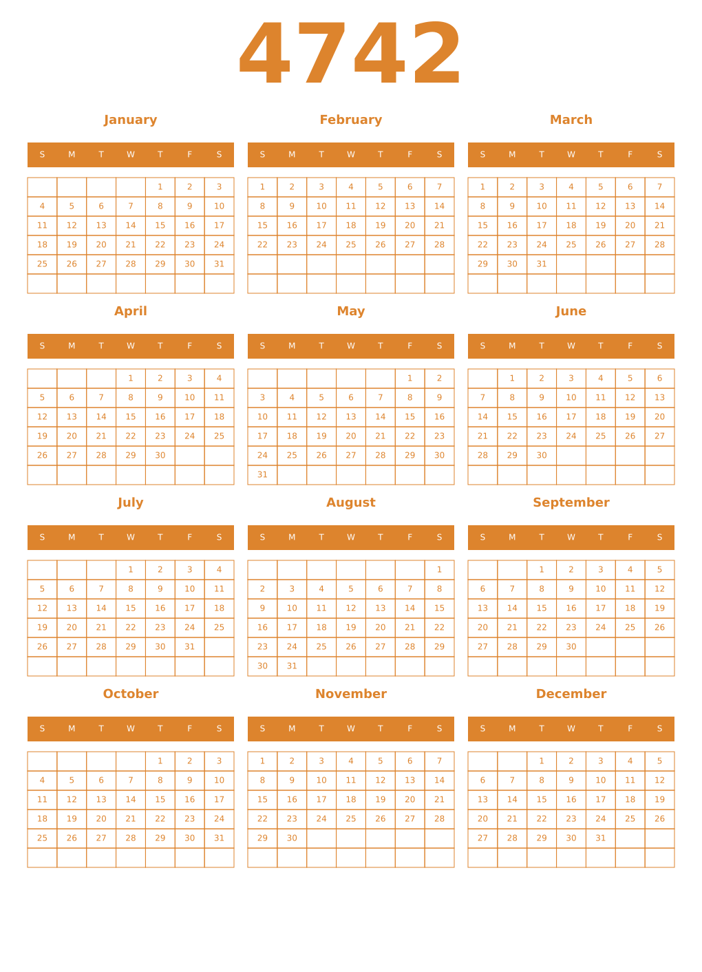 Printable 4742 Year Calendars orange