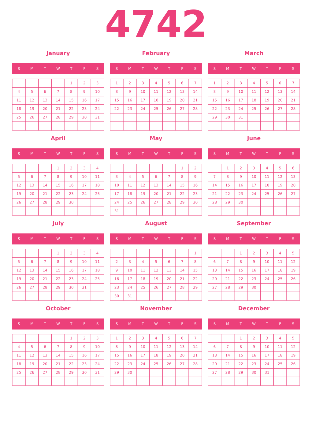 Printable 4742 Year Calendars pink