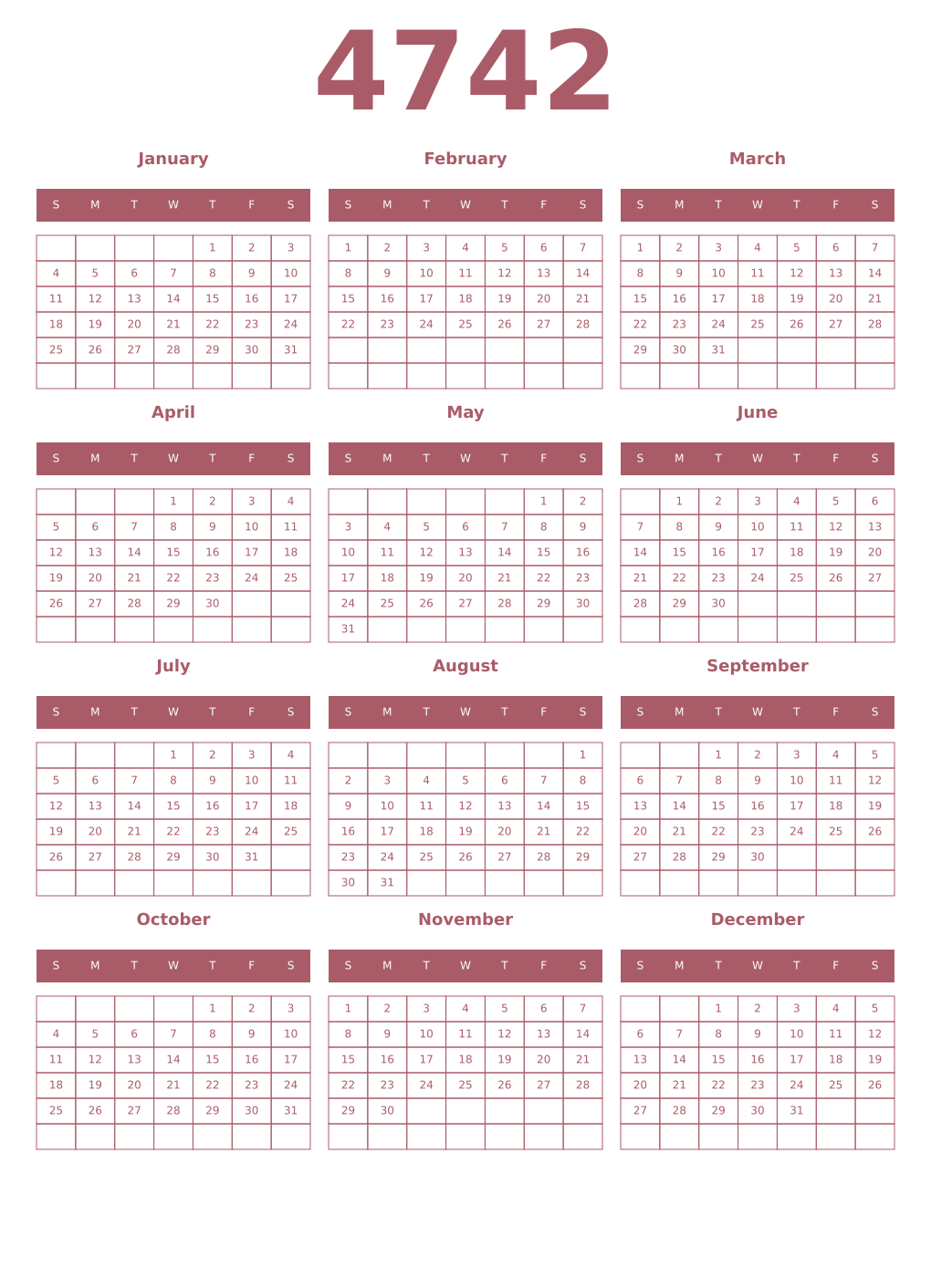 Printable 4742 Year Calendars puce