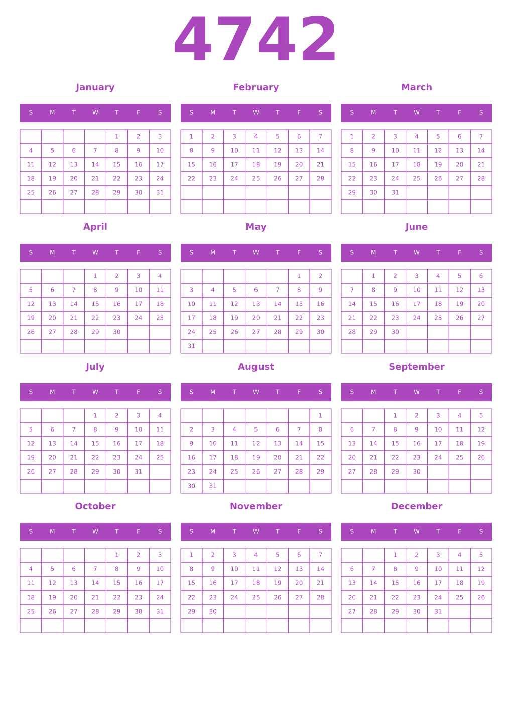 Printable 4742 Year Calendars purple