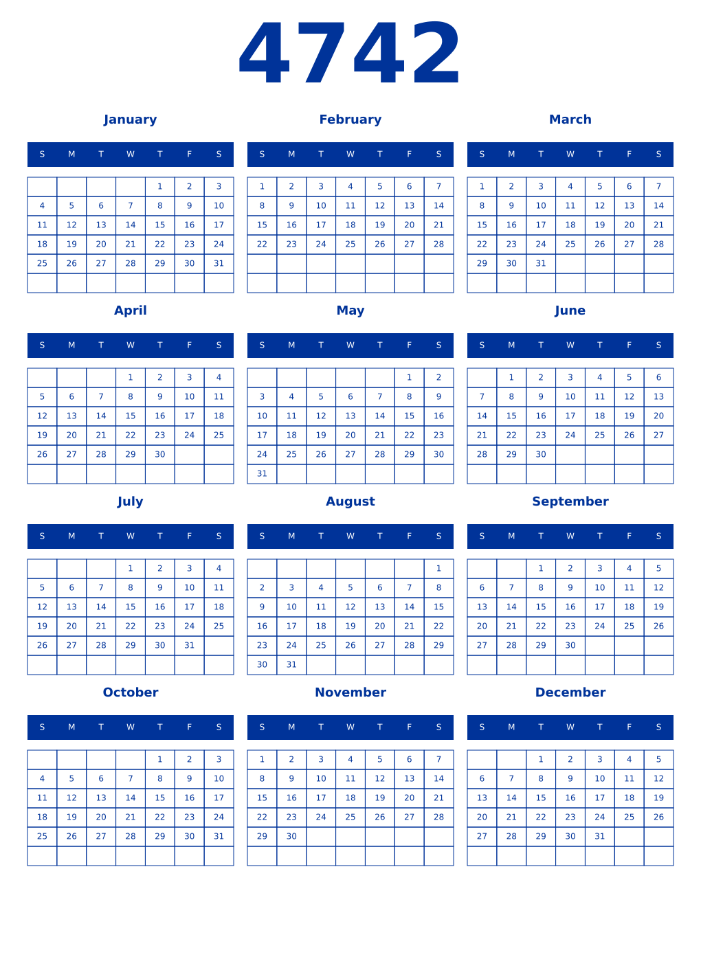 Printable 4742 Year Calendars smalt