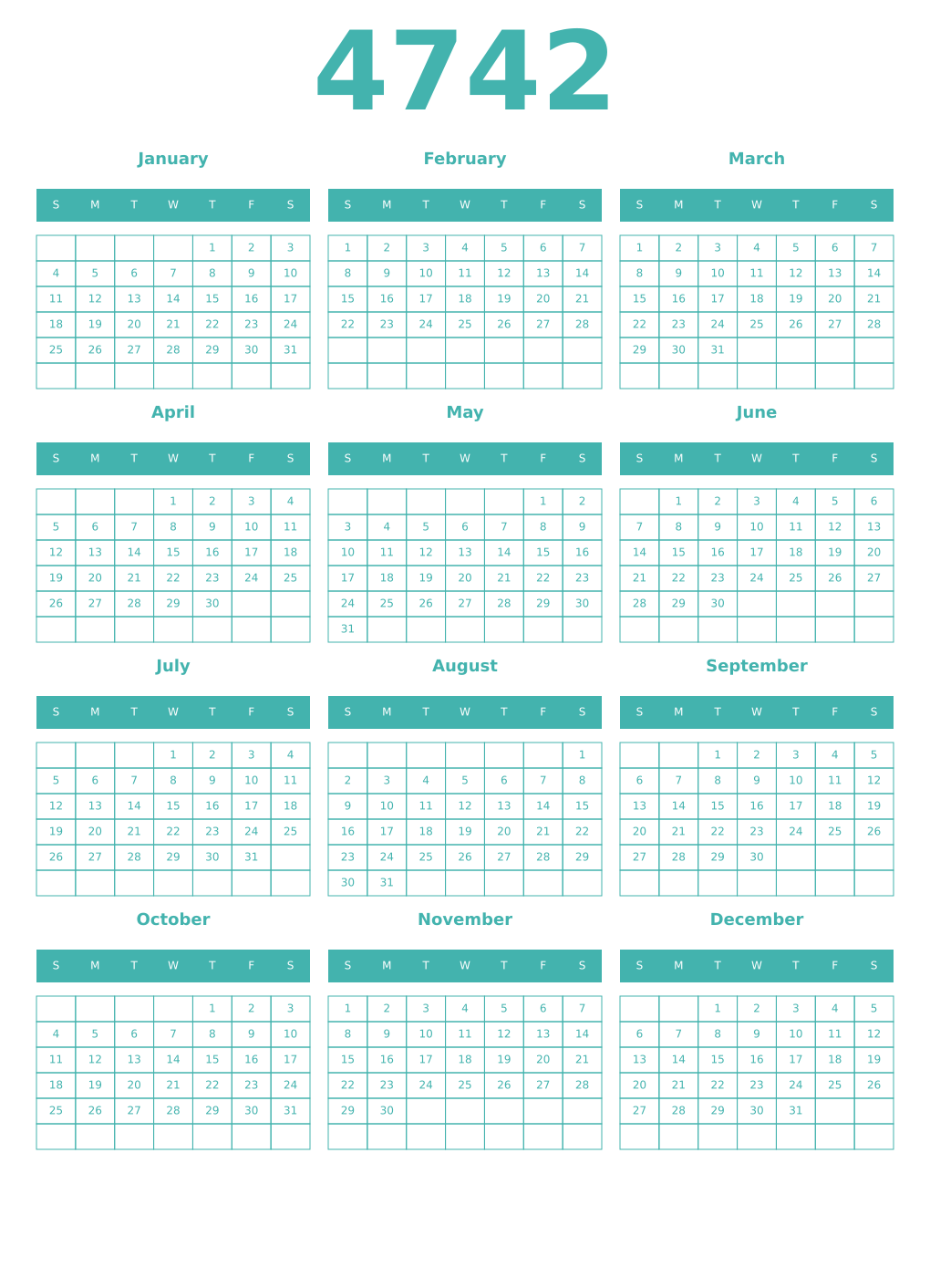 Printable 4742 Year Calendars verdigris