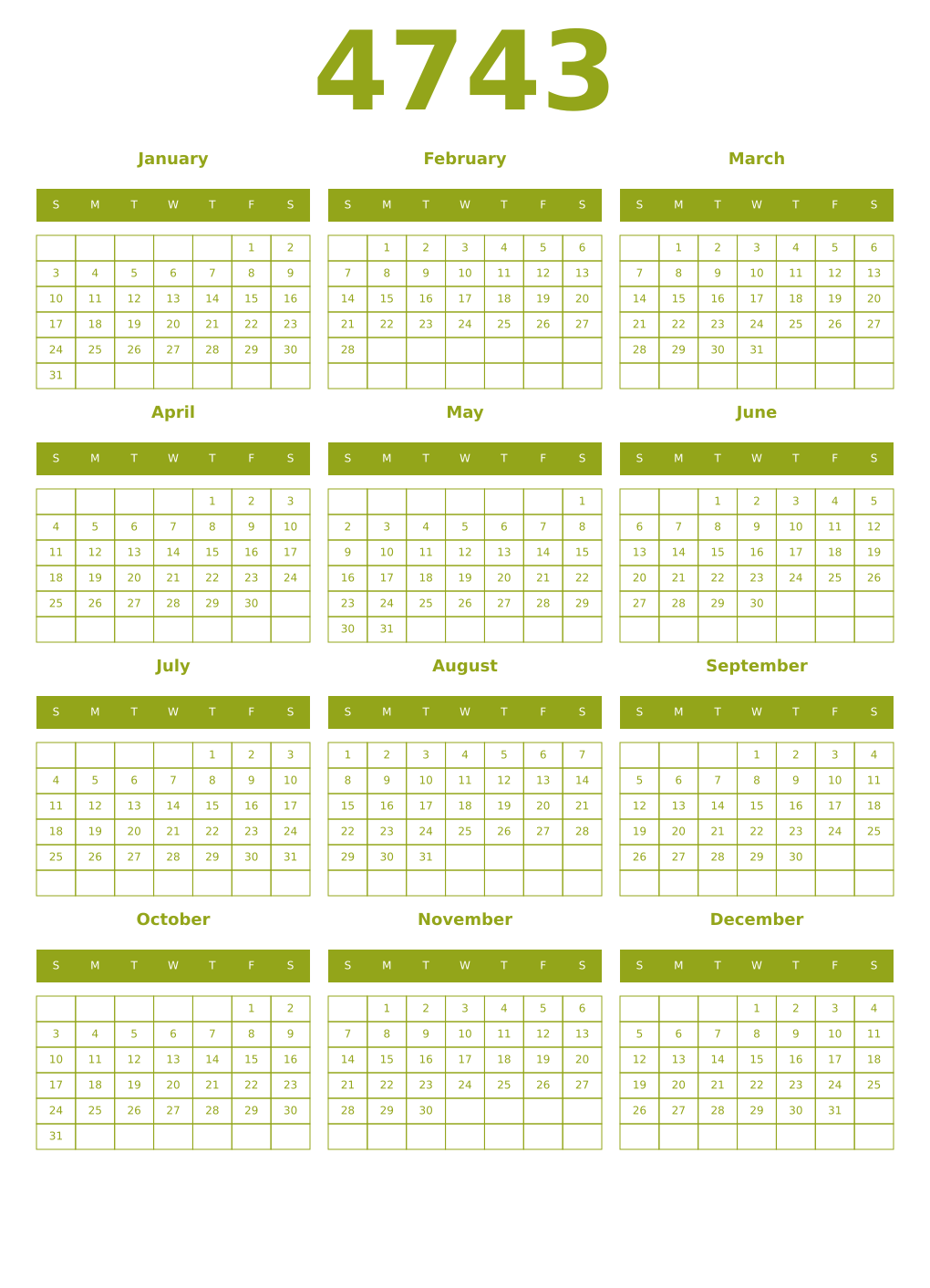 Printable 4743 Year Calendars chartreuse