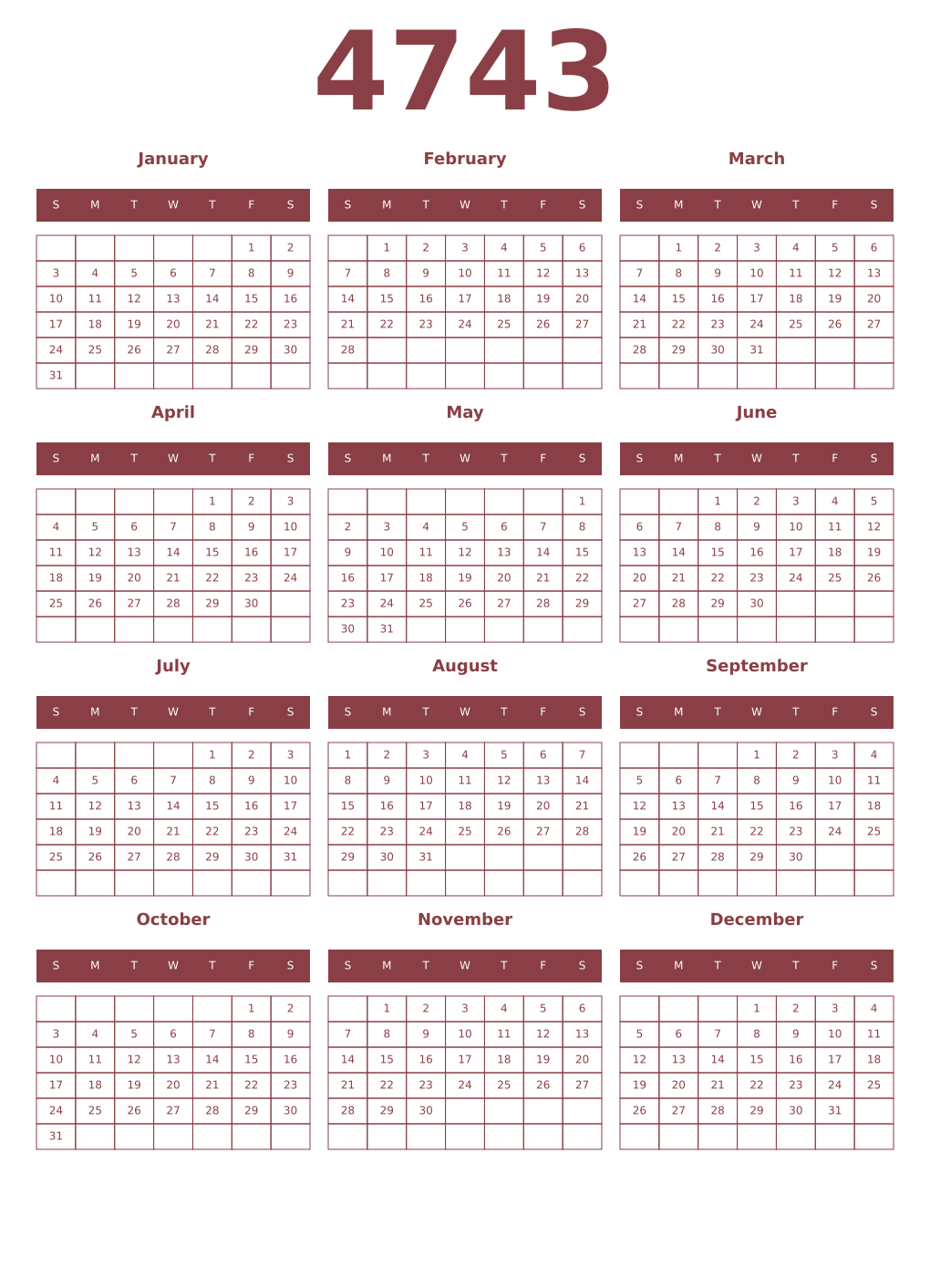 Printable 4743 Year Calendars cordovan