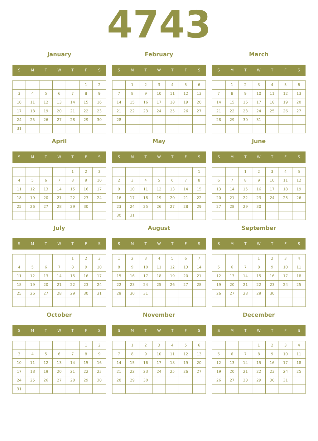 Printable 4743 Year Calendars eburnean