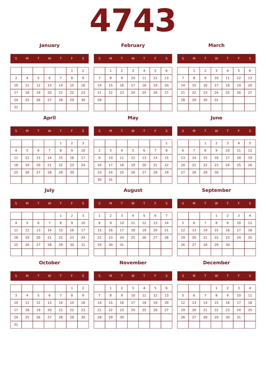 Printable 4743 Year Calendars falu