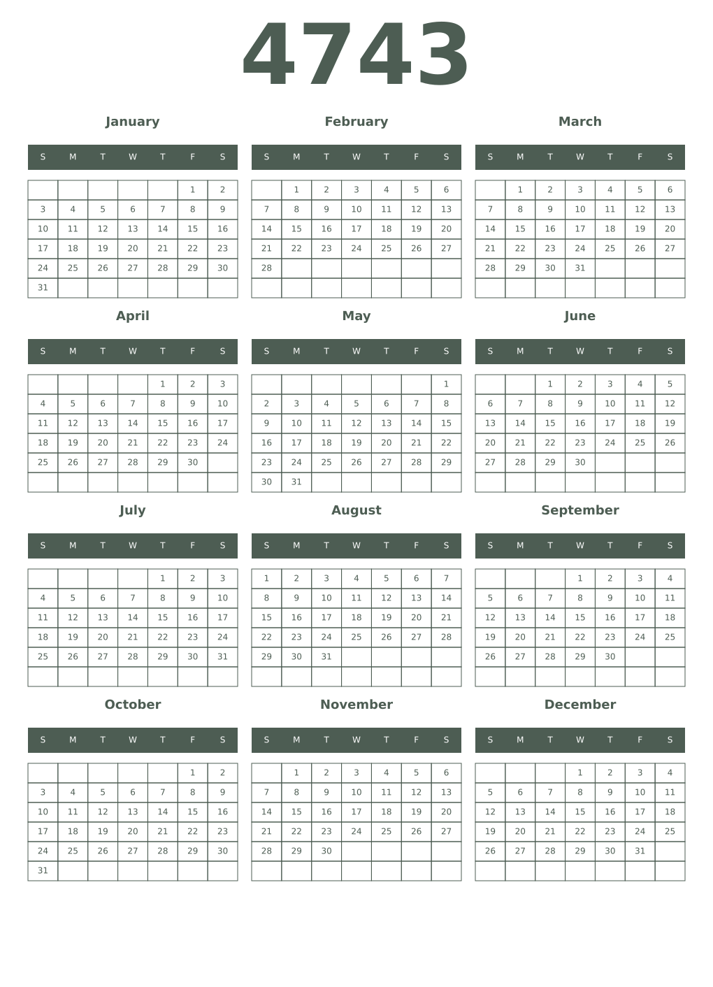 Printable 4743 Year Calendars feldgrau