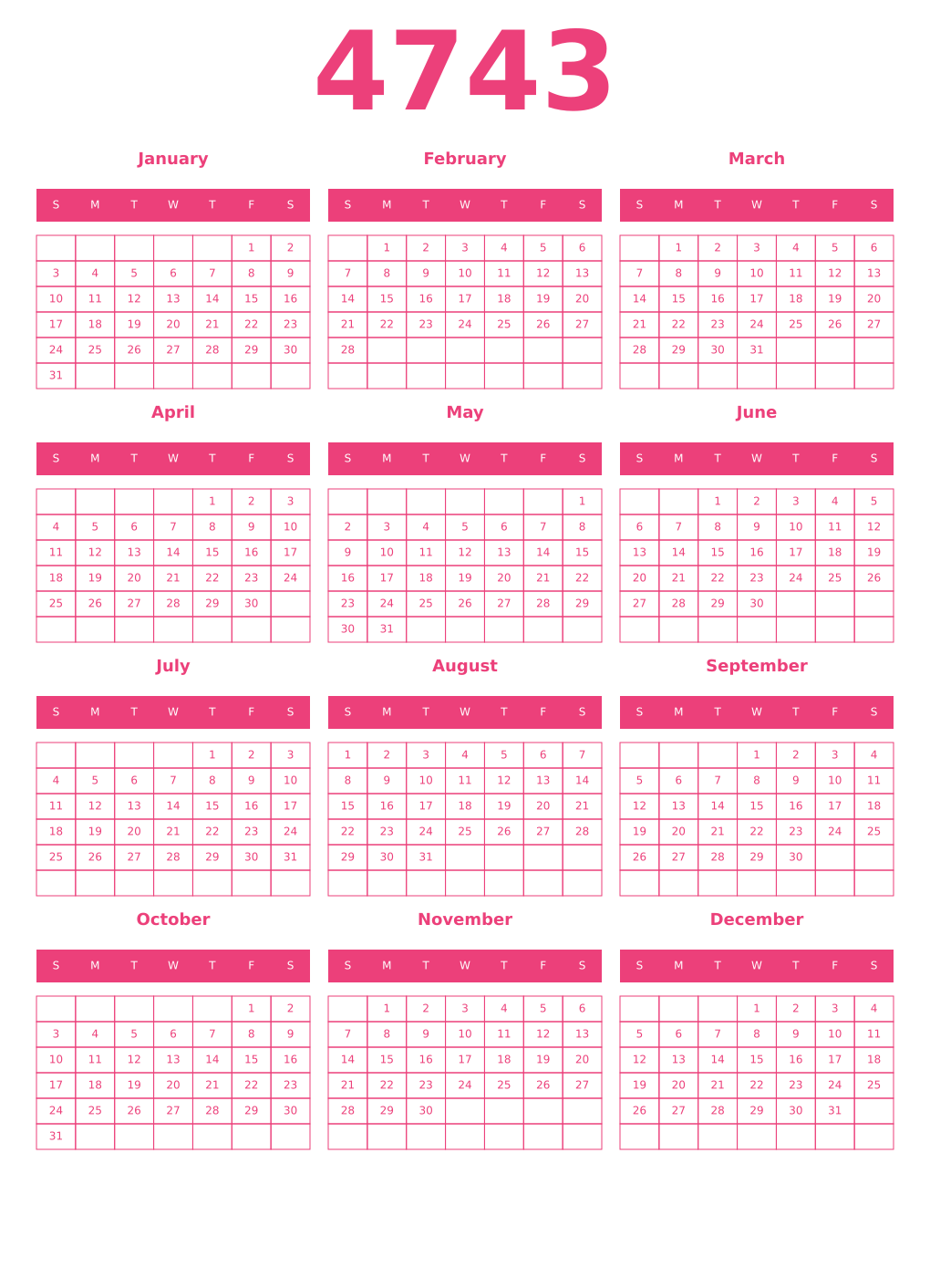 Printable 4743 Year Calendars pink