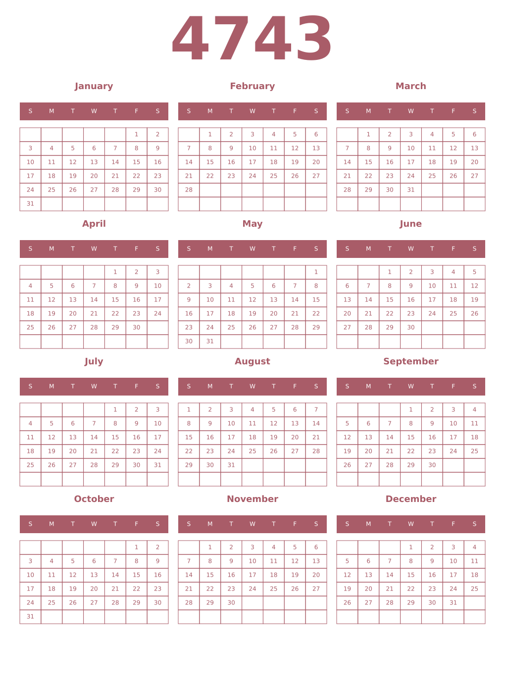 Printable 4743 Year Calendars puce