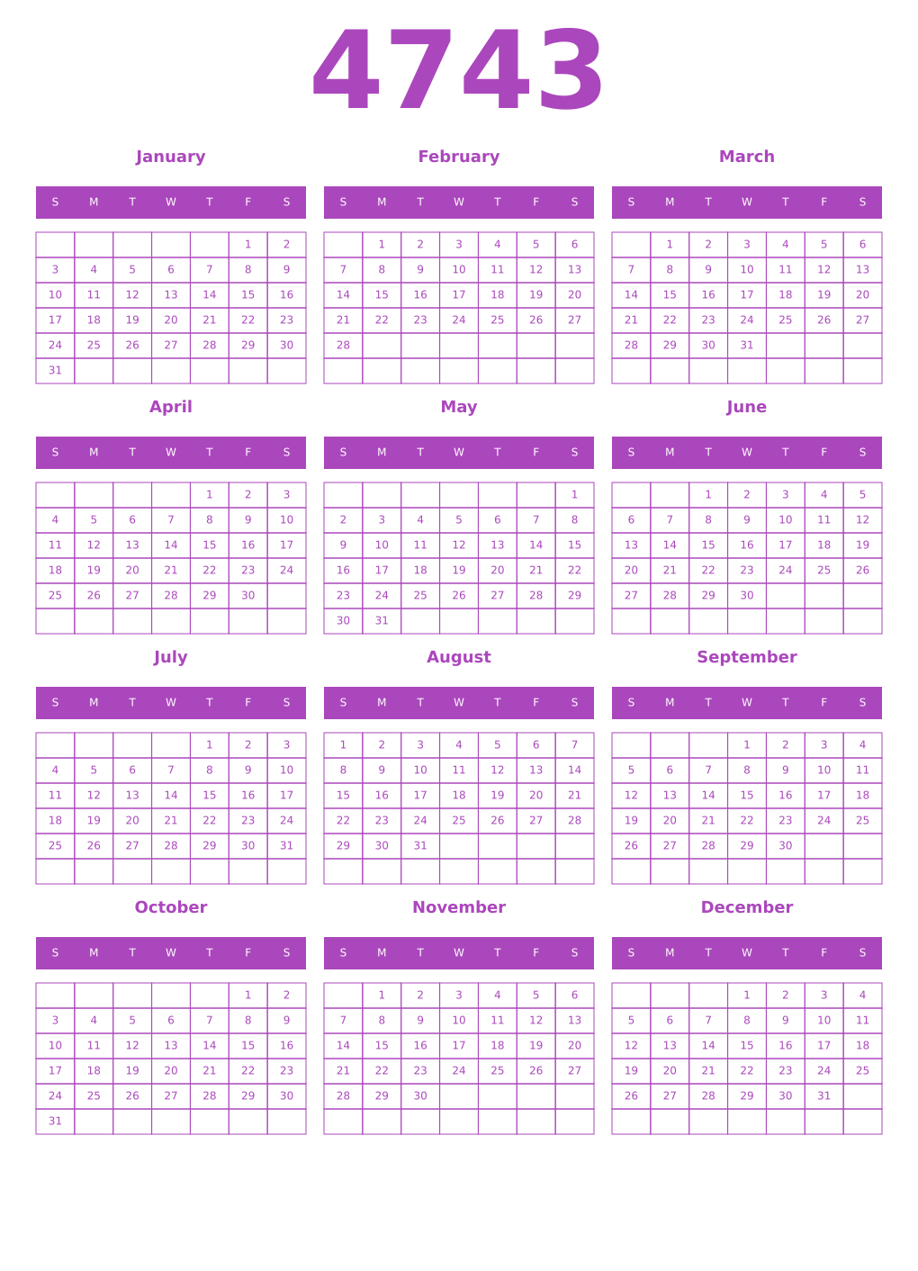 Printable 4743 Year Calendars purple