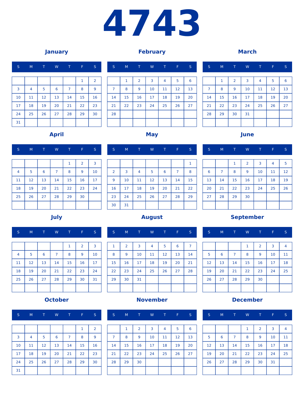 Printable 4743 Year Calendars smalt