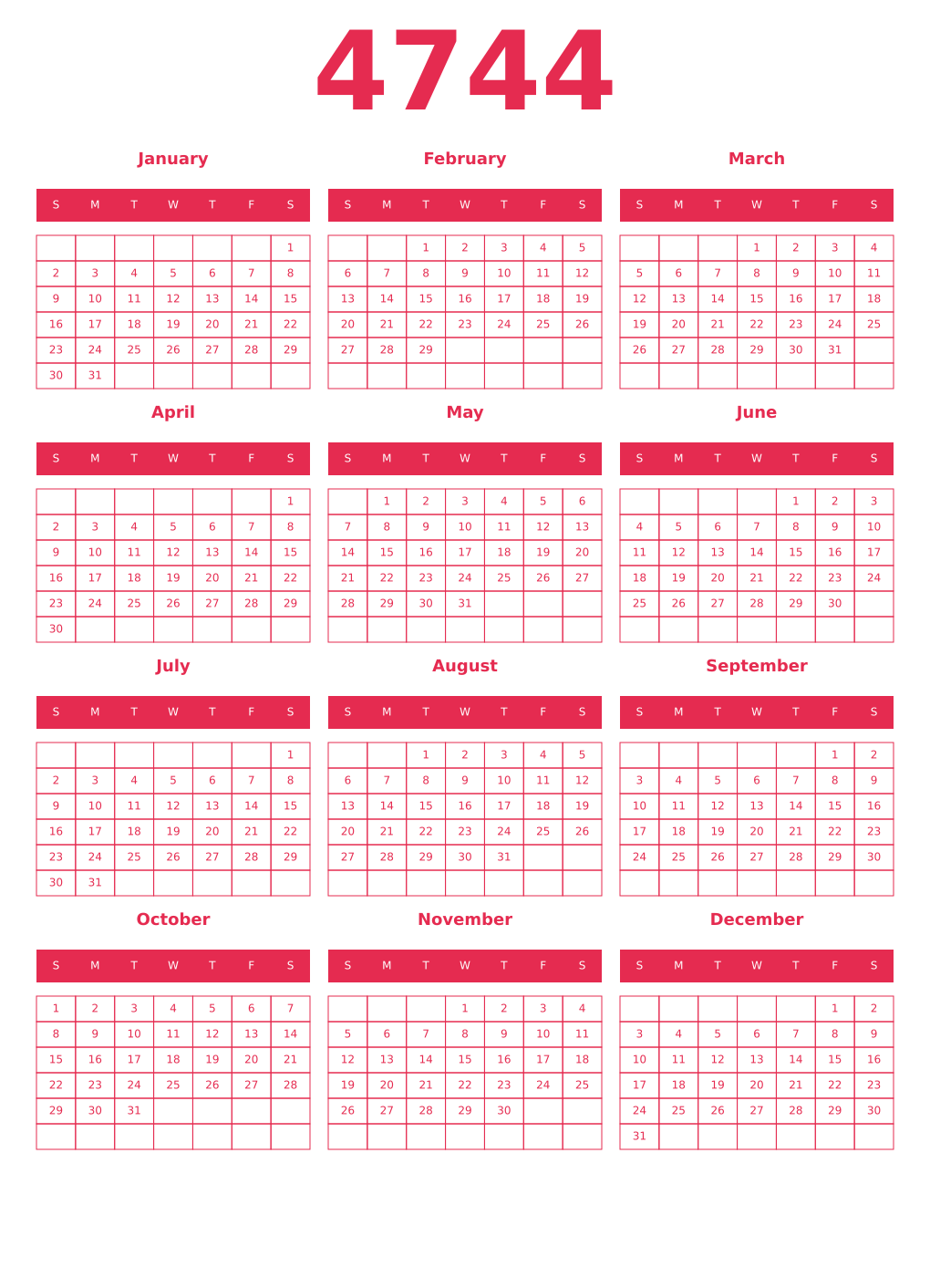 Printable 4744 Year Calendars amaranth