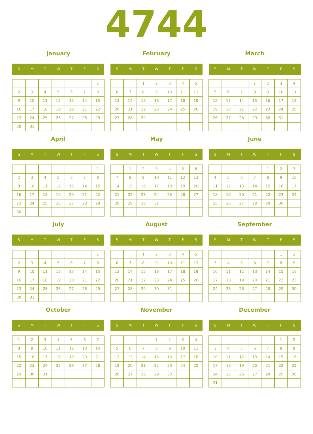 Printable 4744 Year Calendars chartreuse