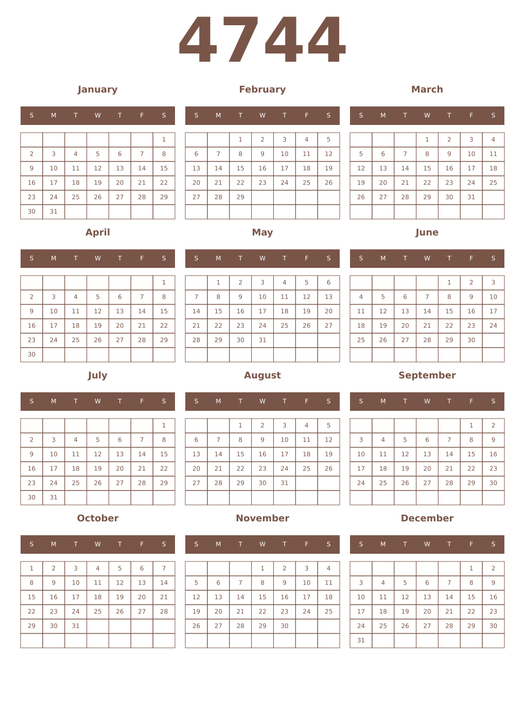 Printable 4744 Year Calendars coffe