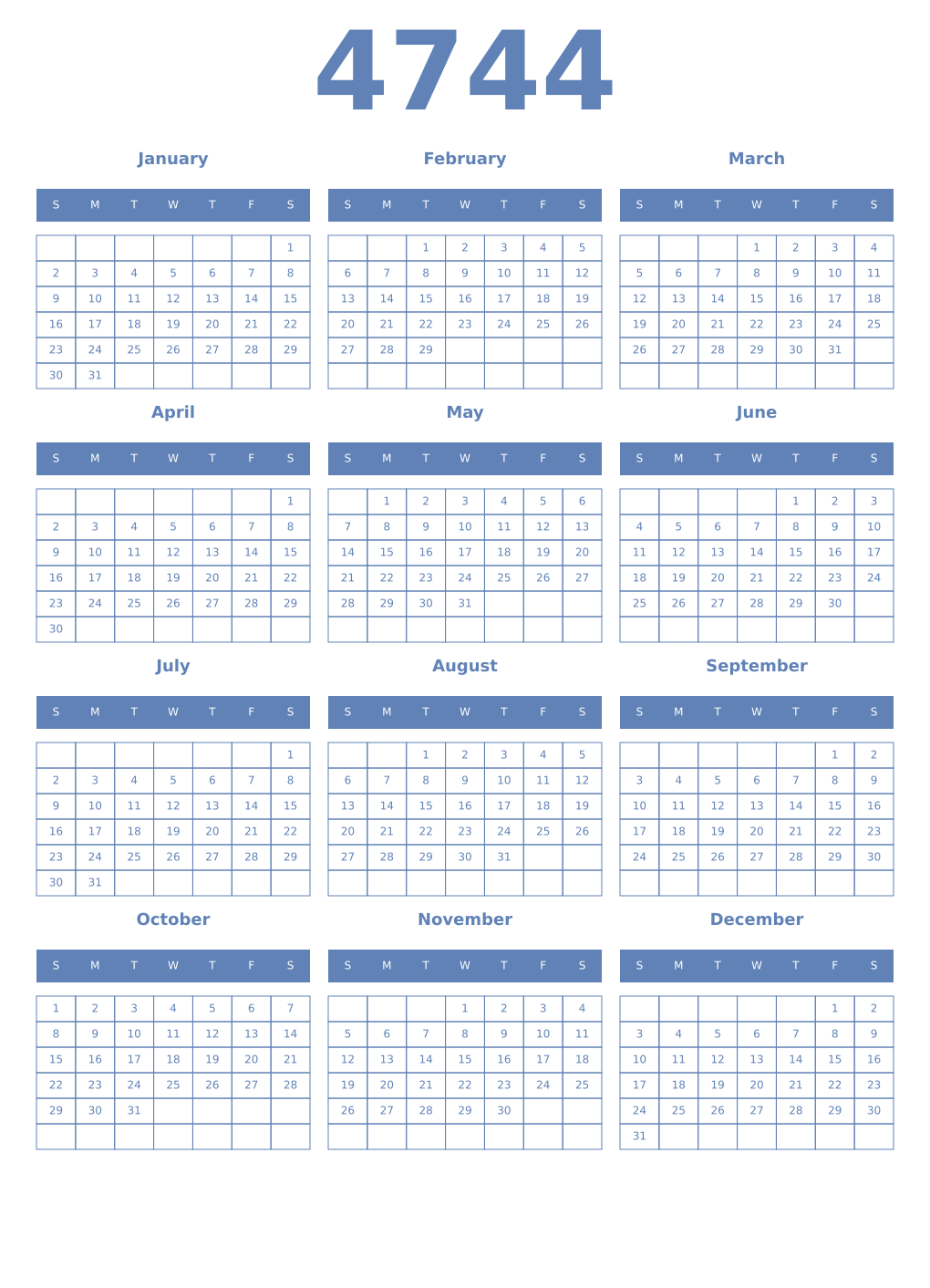 Printable 4744 Year Calendars glaucous