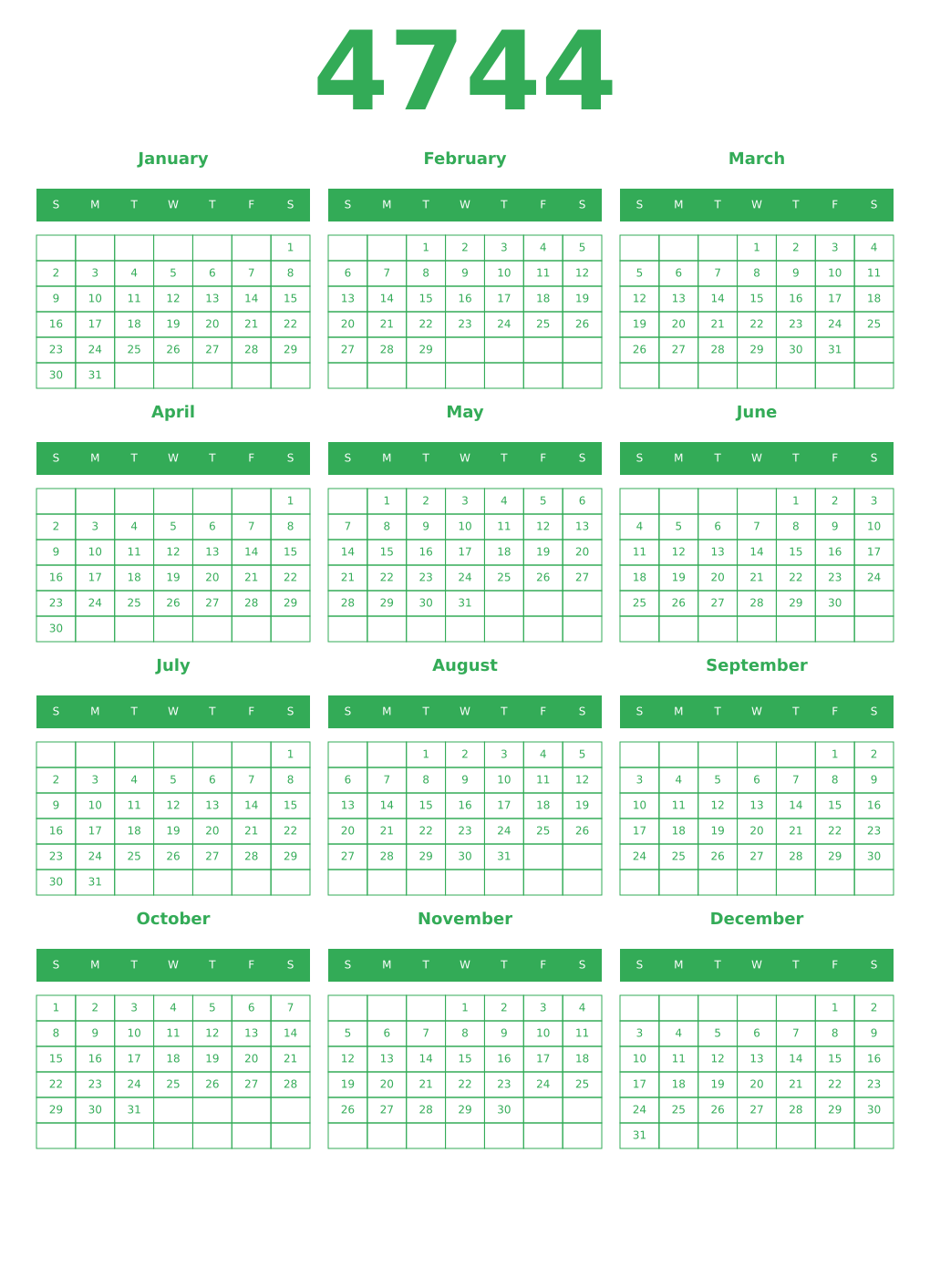 Printable 4744 Year Calendars green