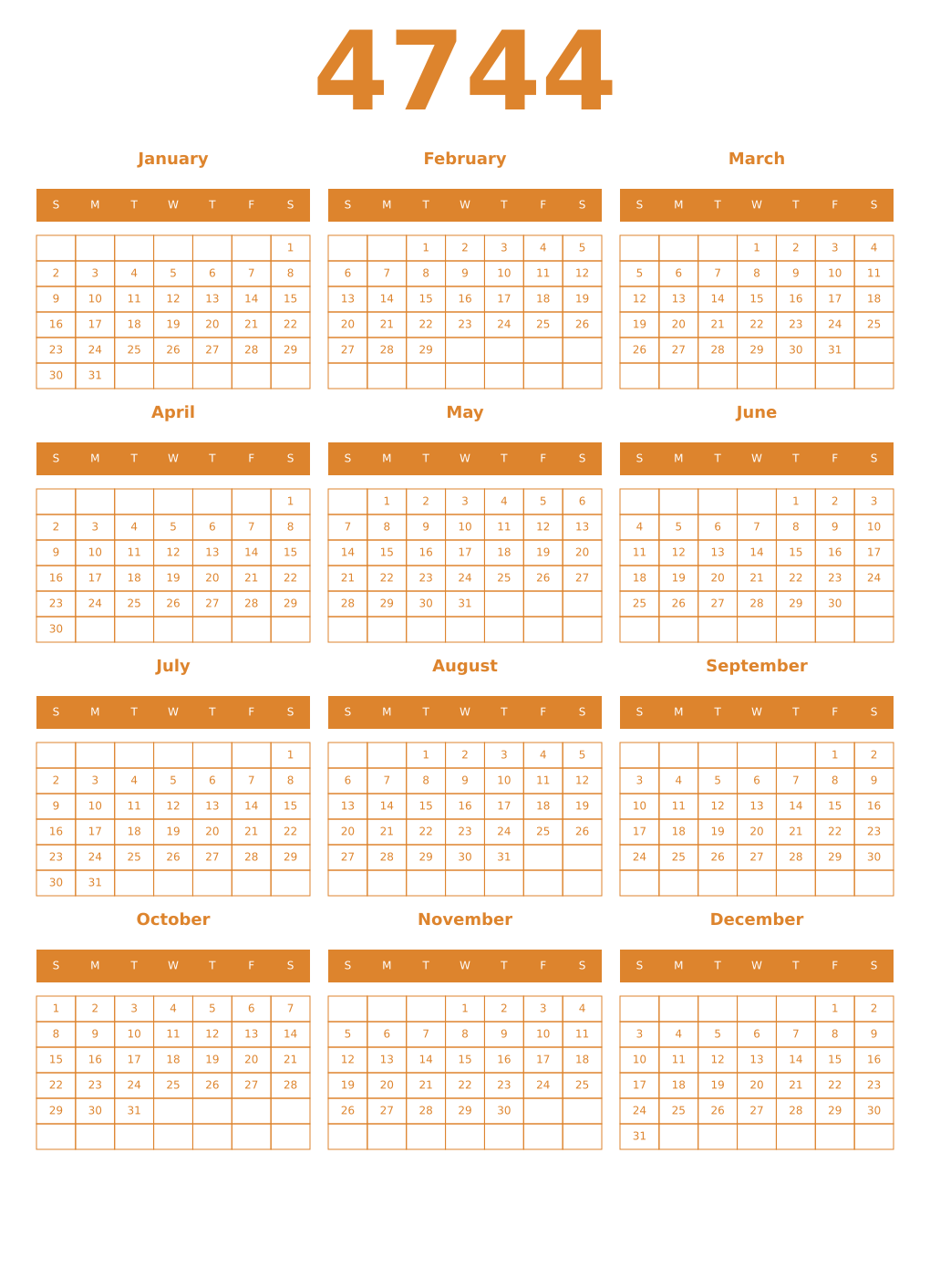 Printable 4744 Year Calendars orange