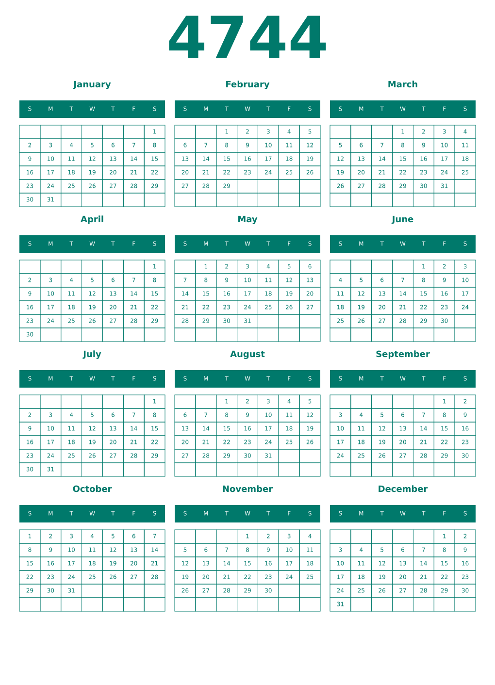 Printable 4744 Year Calendars pastel