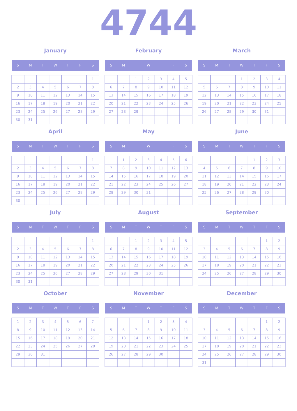 Printable 4744 Year Calendars periwinkle