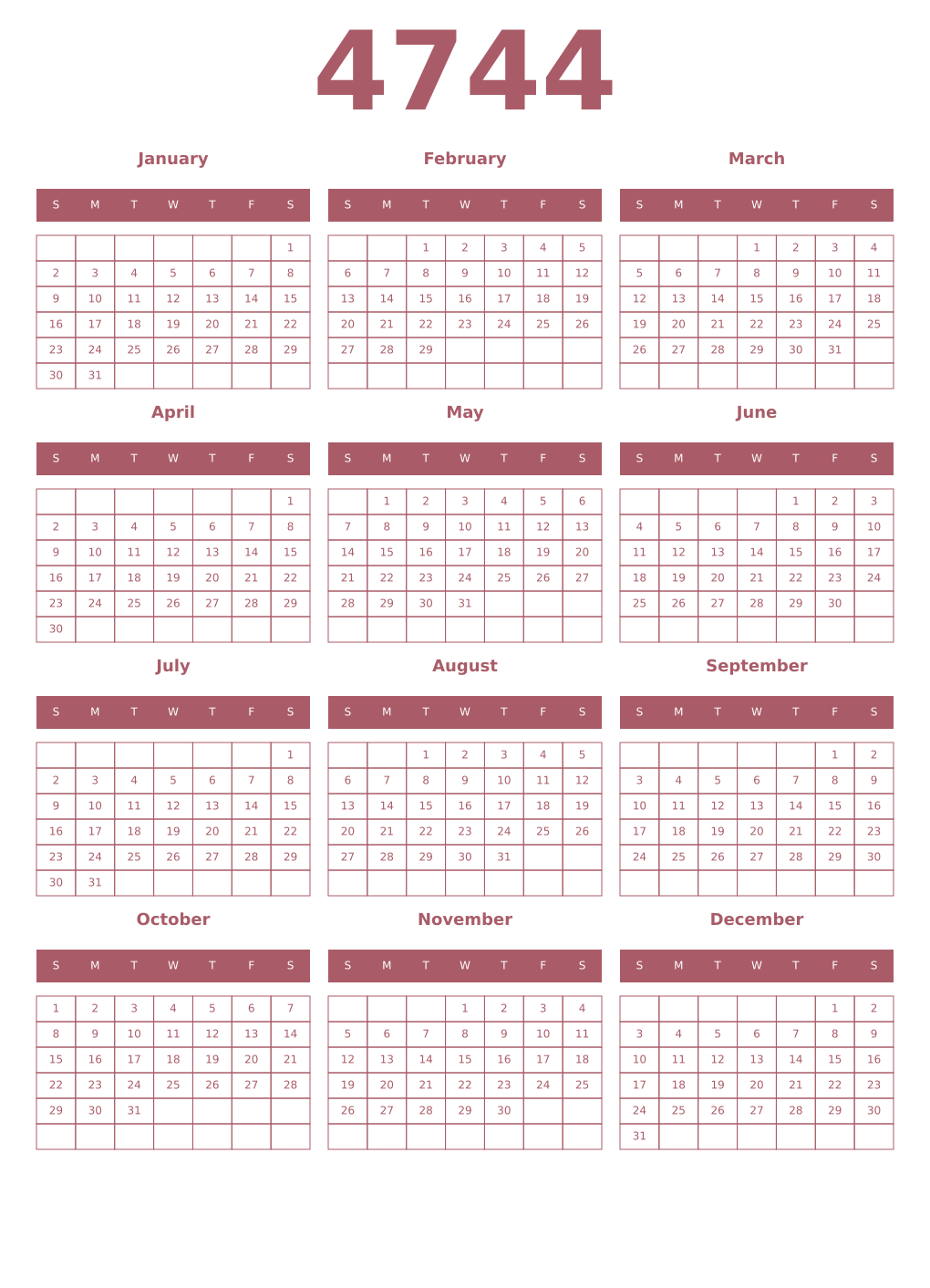 Printable 4744 Year Calendars puce