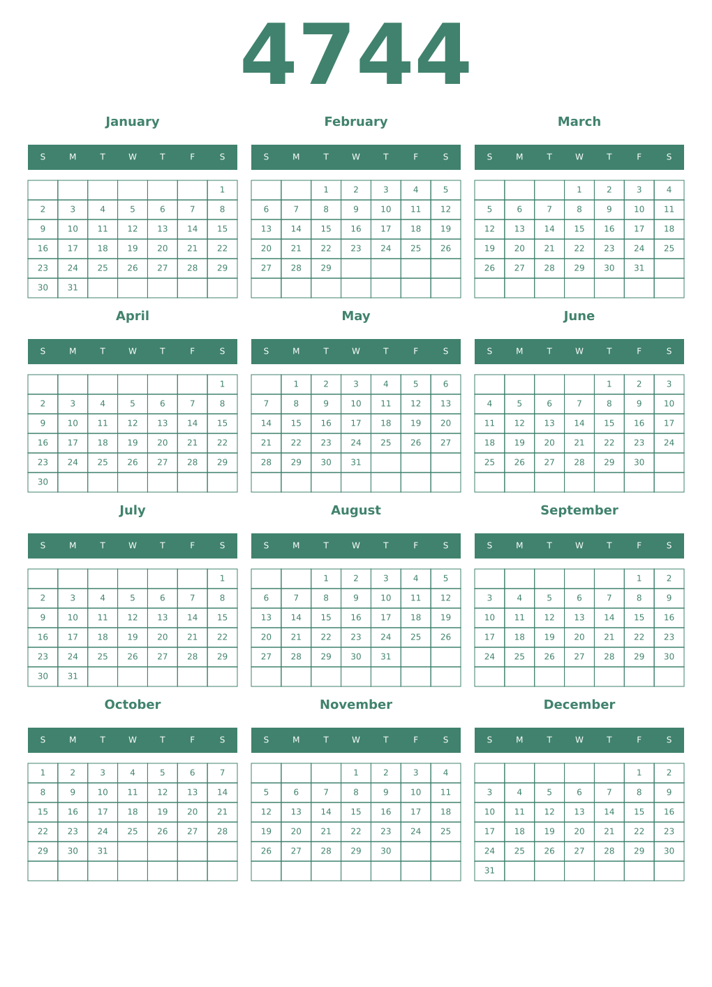 Printable 4744 Year Calendars viridian