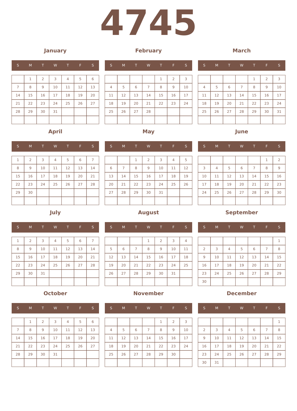 Printable 4745 Year Calendars coffe