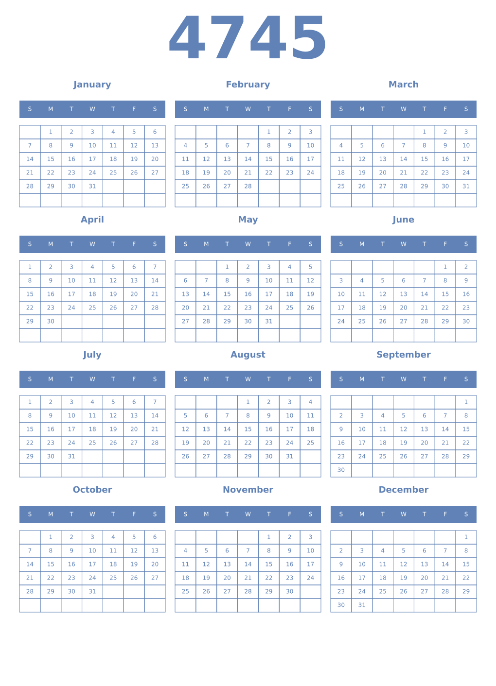 Printable 4745 Year Calendars glaucous