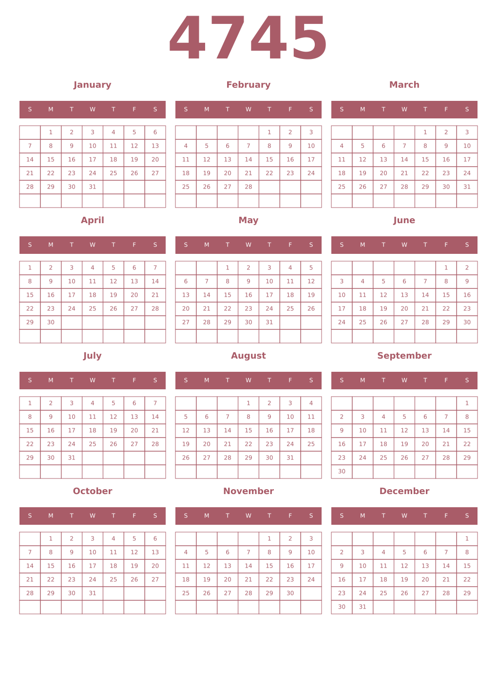 Printable 4745 Year Calendars puce