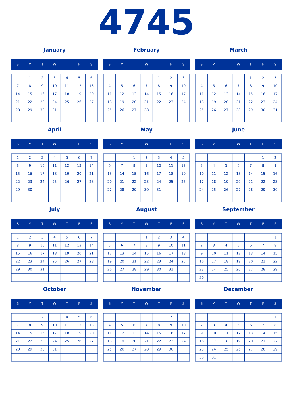 Printable 4745 Year Calendars smalt