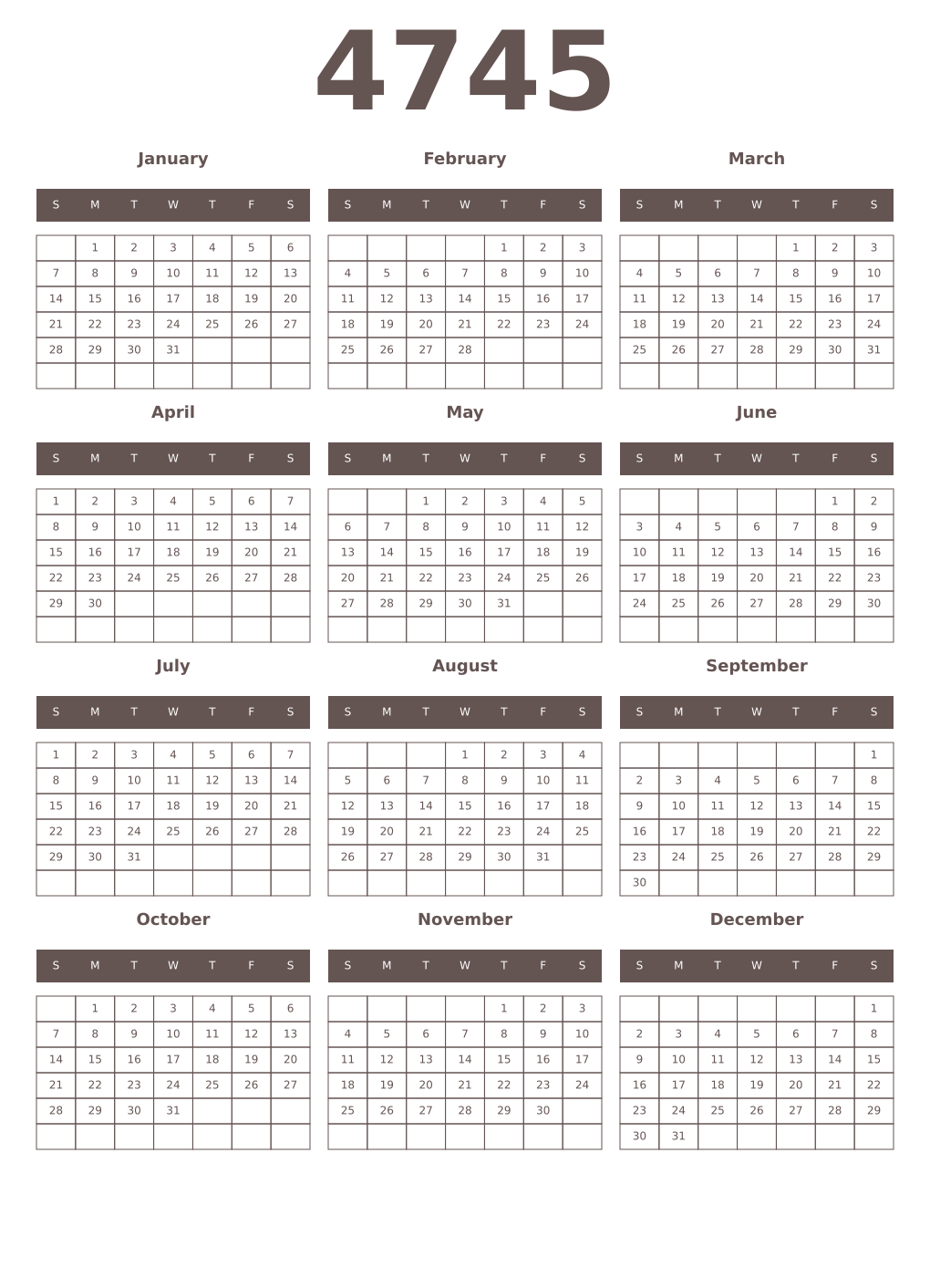 Printable 4745 Year Calendars wenge