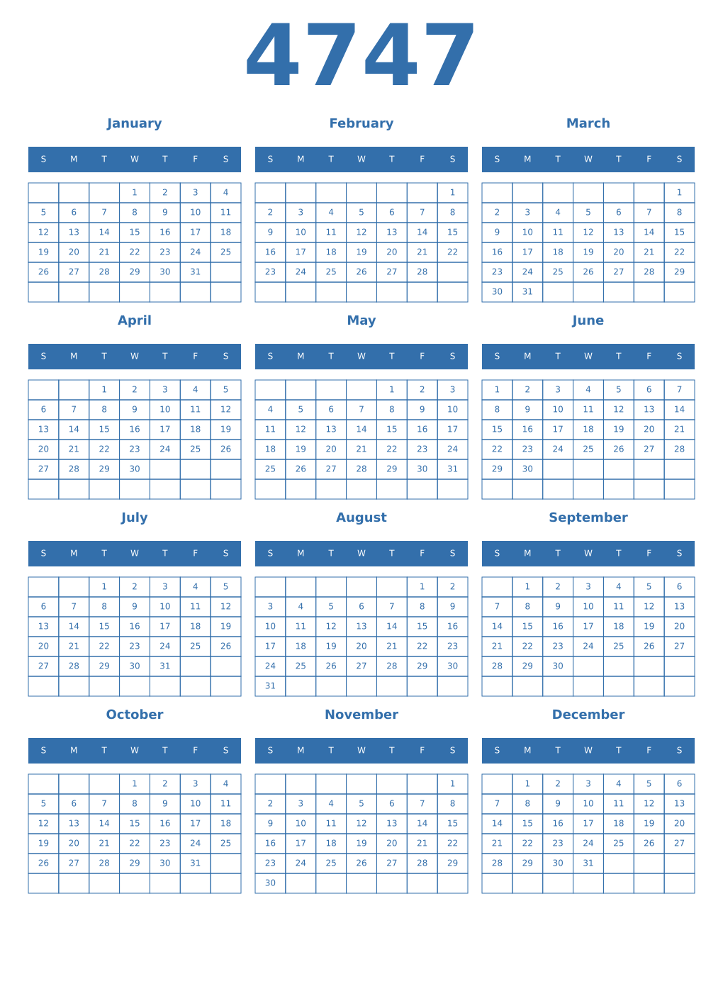Printable 4747 Year Calendars blue