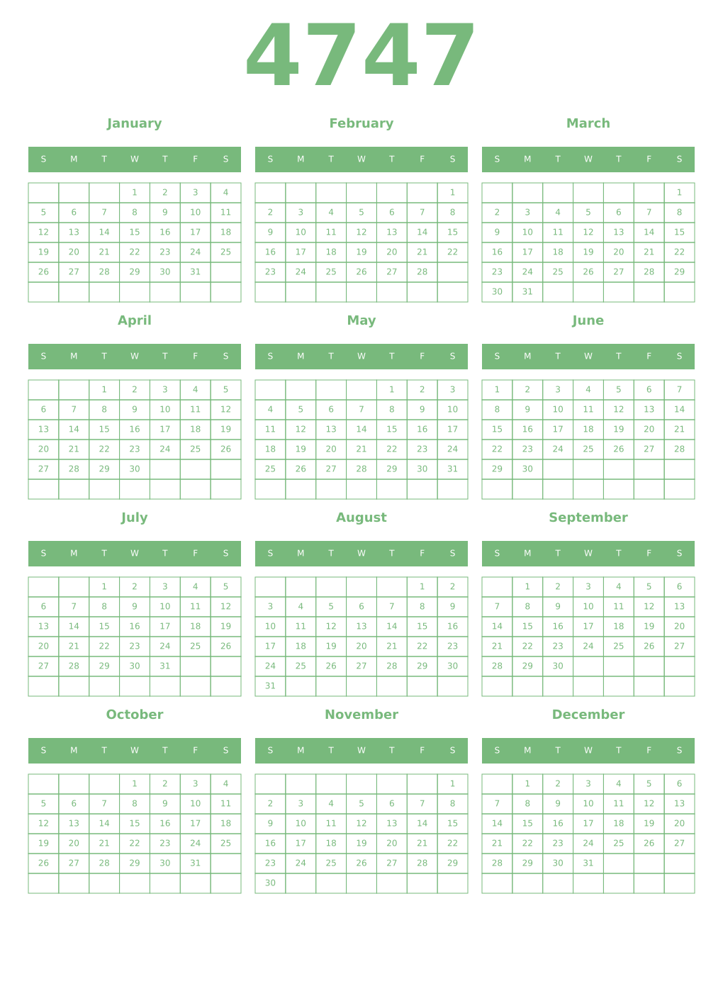 Printable 4747 Year Calendars celadon