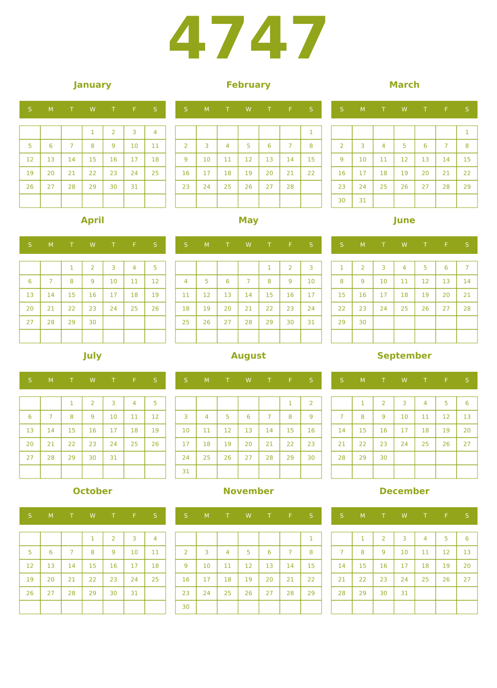 Printable 4747 Year Calendars chartreuse