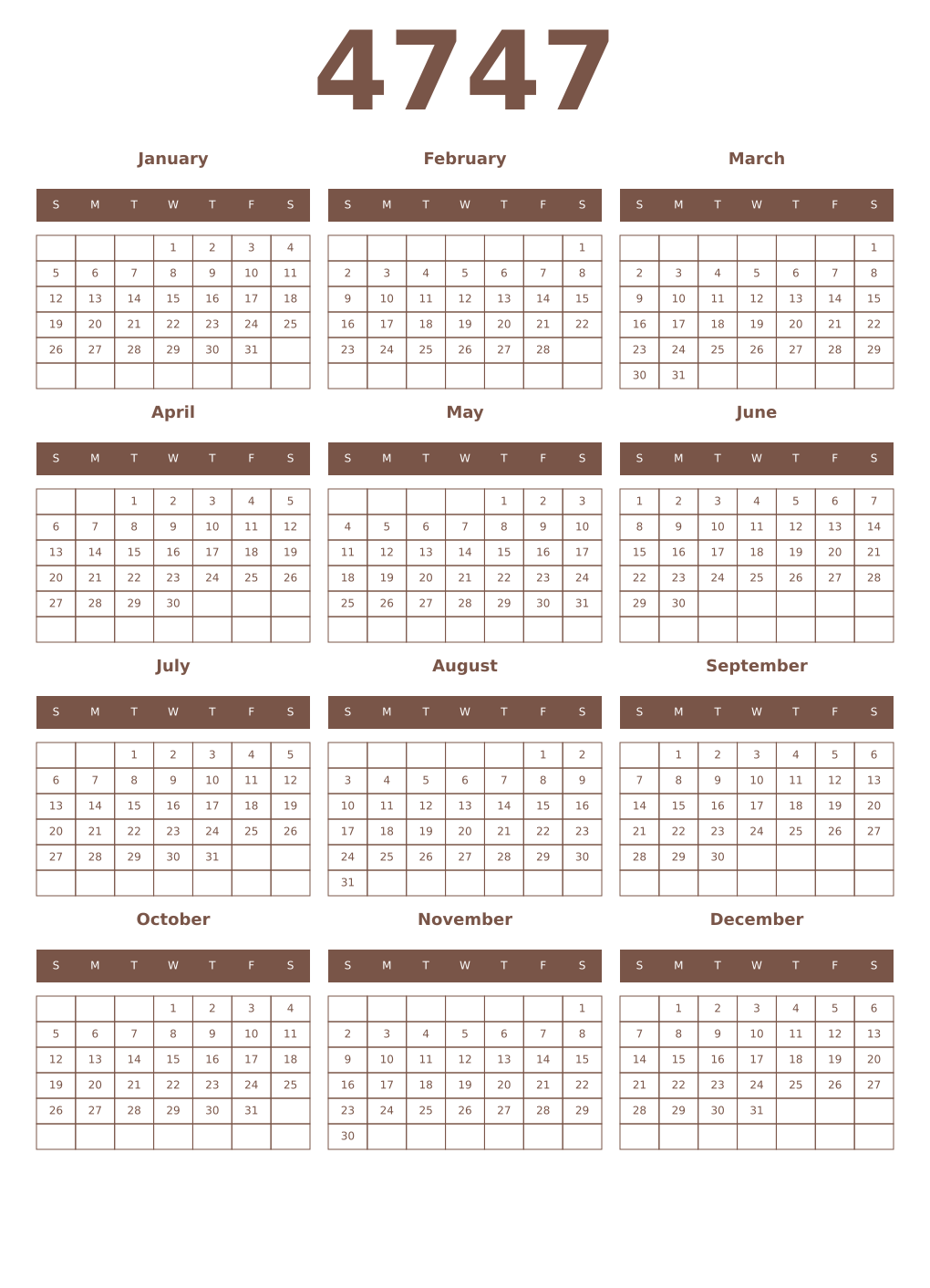 Printable 4747 Year Calendars coffe