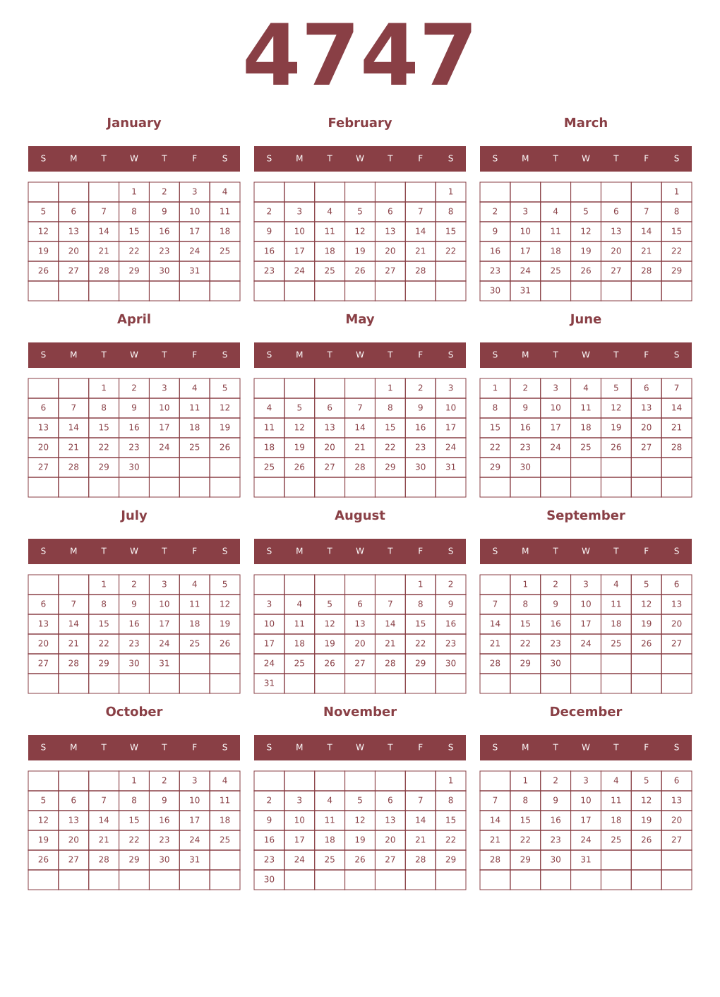 Printable 4747 Year Calendars cordovan