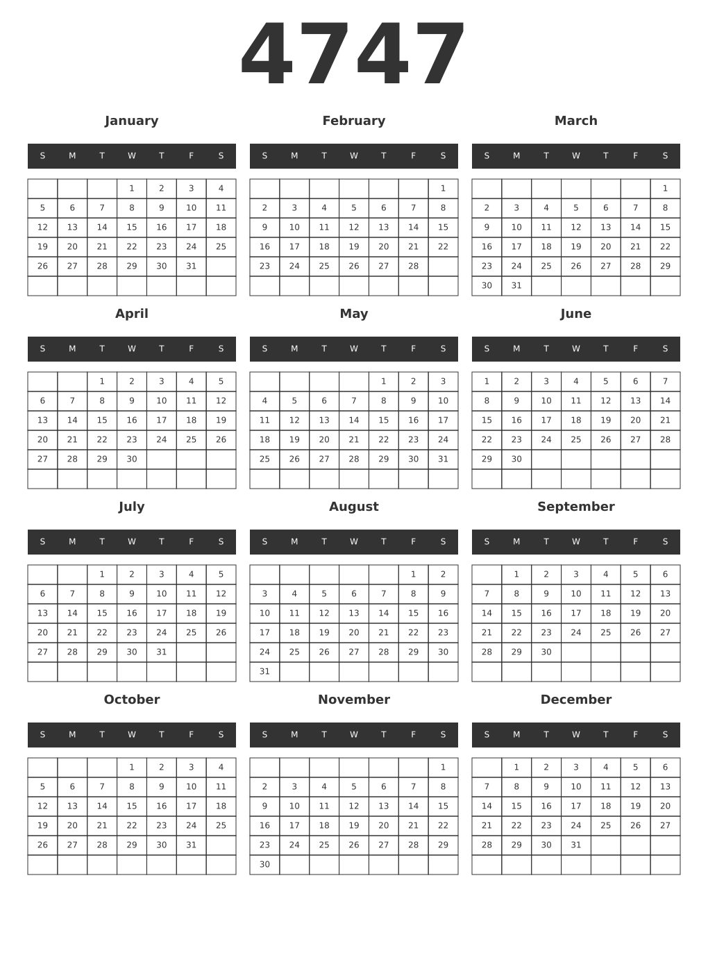 Printable 4747 Year Calendars dark