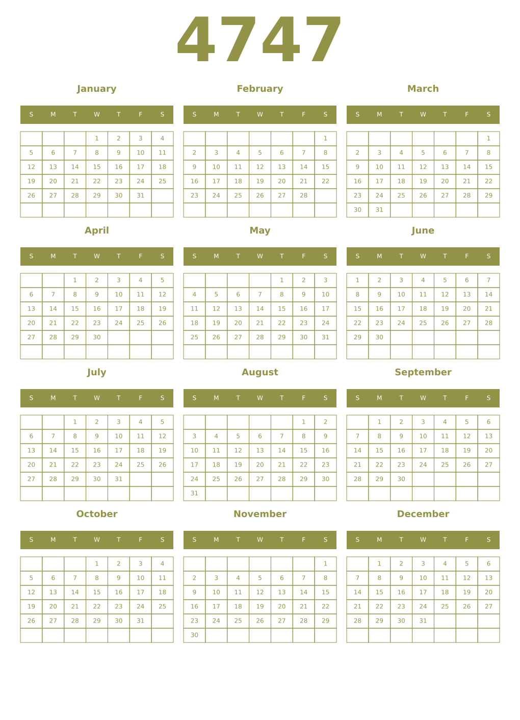Printable 4747 Year Calendars eburnean