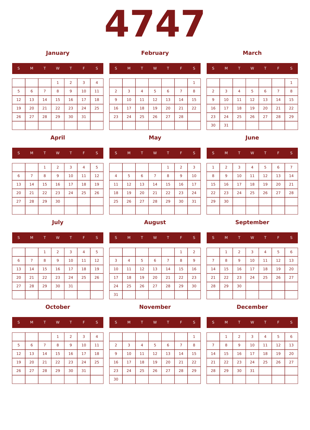 Printable 4747 Year Calendars falu