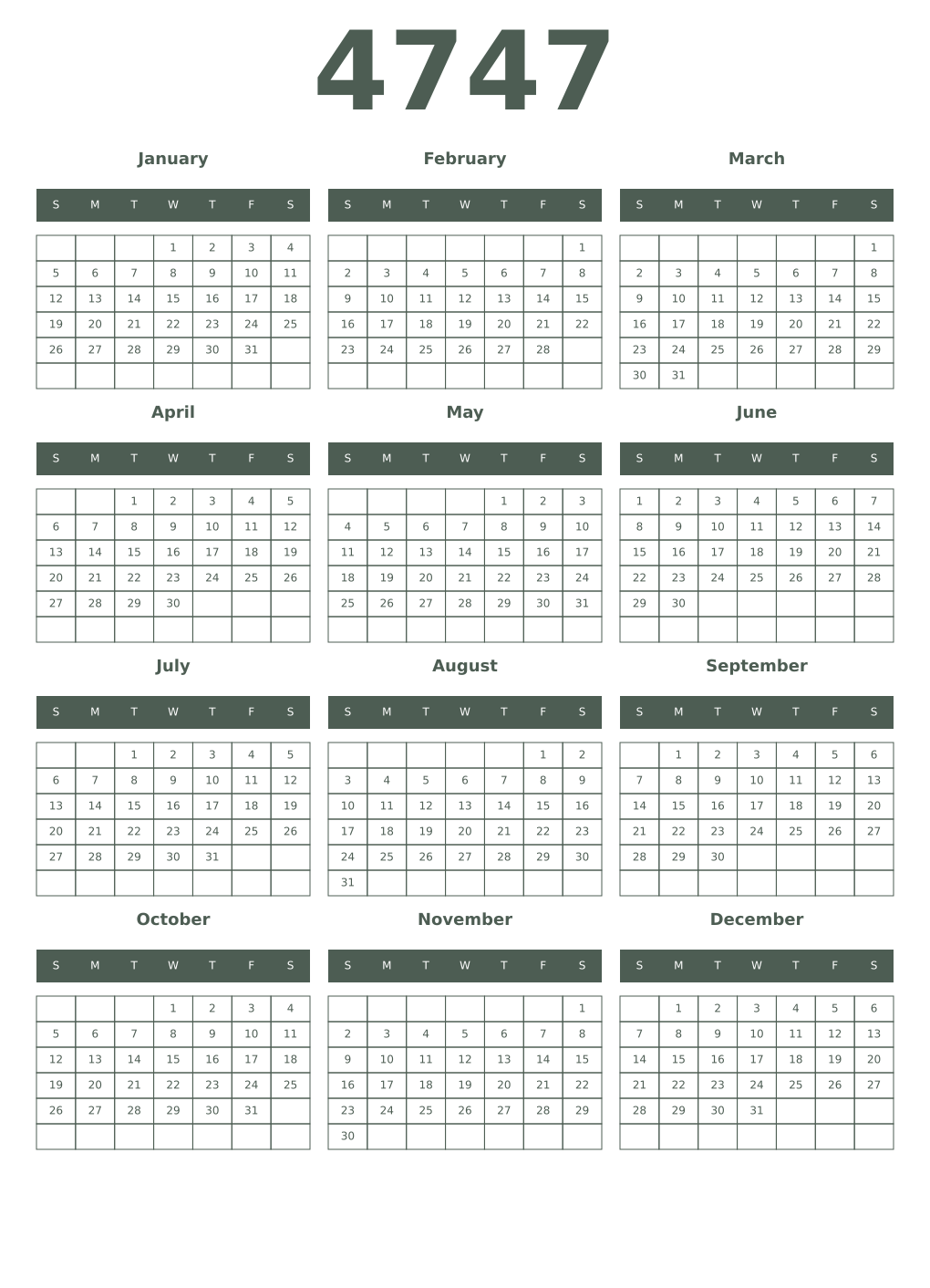 Printable 4747 Year Calendars feldgrau