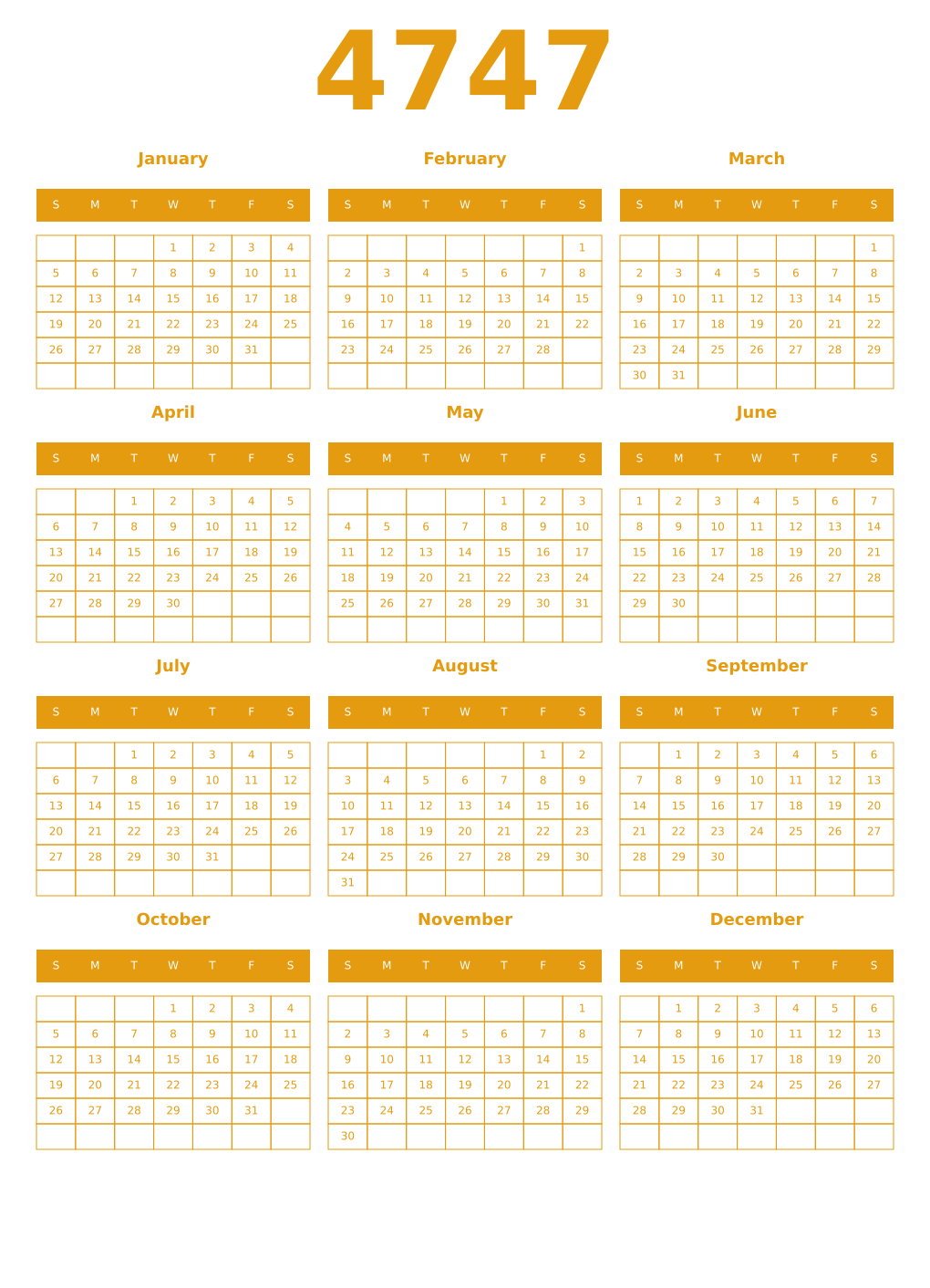 Printable 4747 Year Calendars gamboge