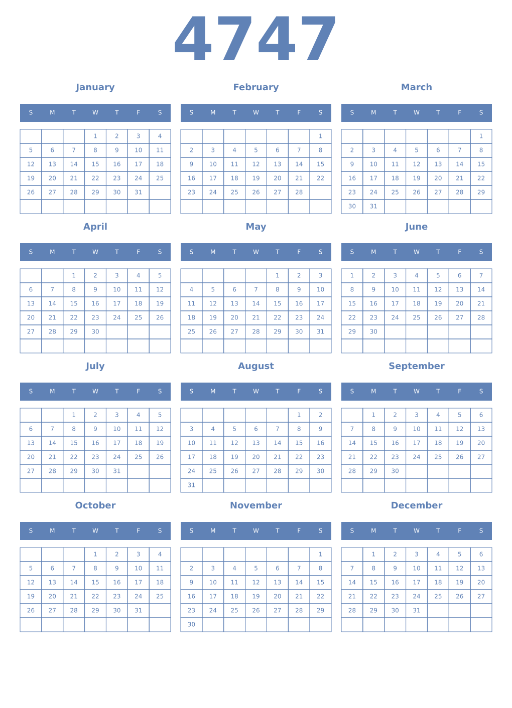 Printable 4747 Year Calendars glaucous