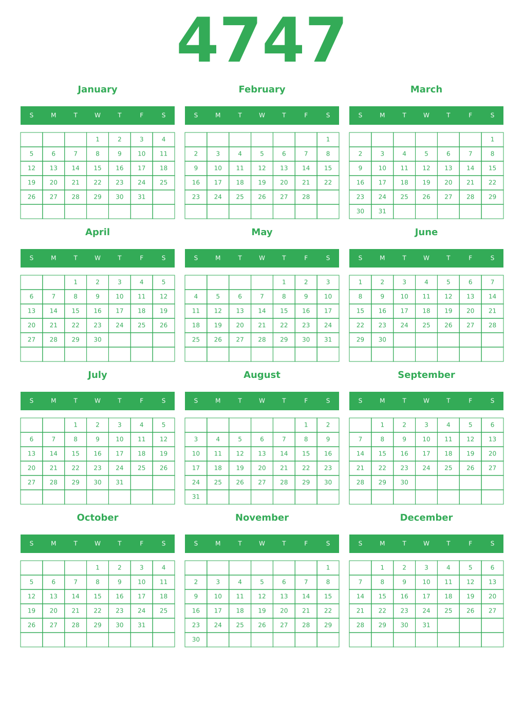 Printable 4747 Year Calendars green