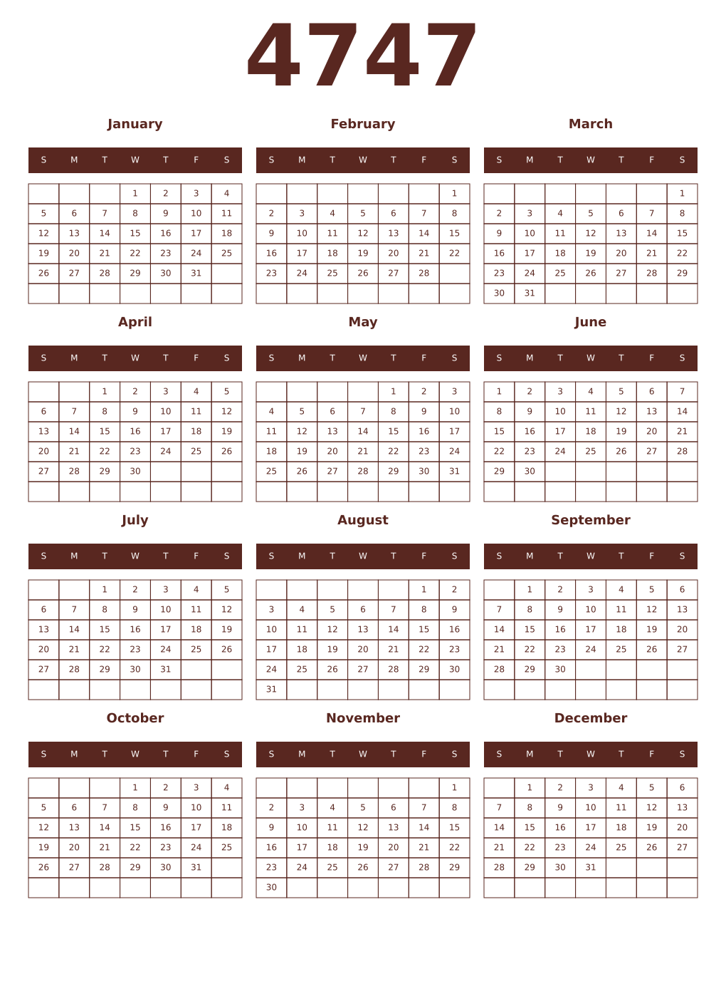 Printable 4747 Year Calendars mortuum