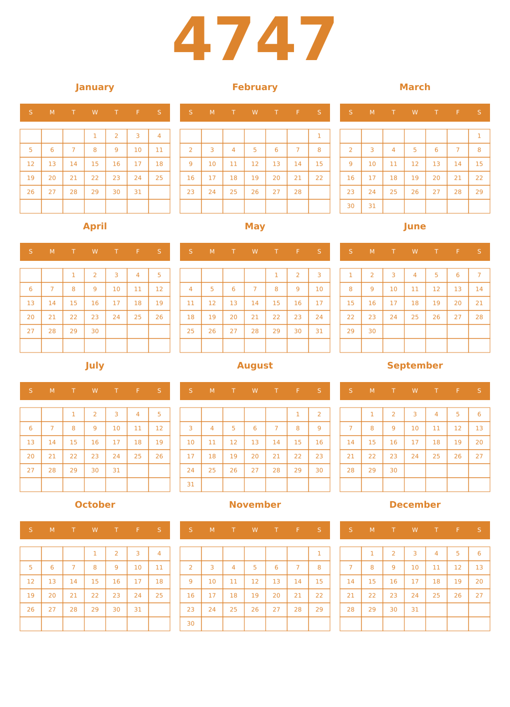 Printable 4747 Year Calendars orange