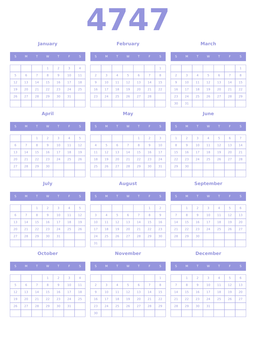 Printable 4747 Year Calendars periwinkle