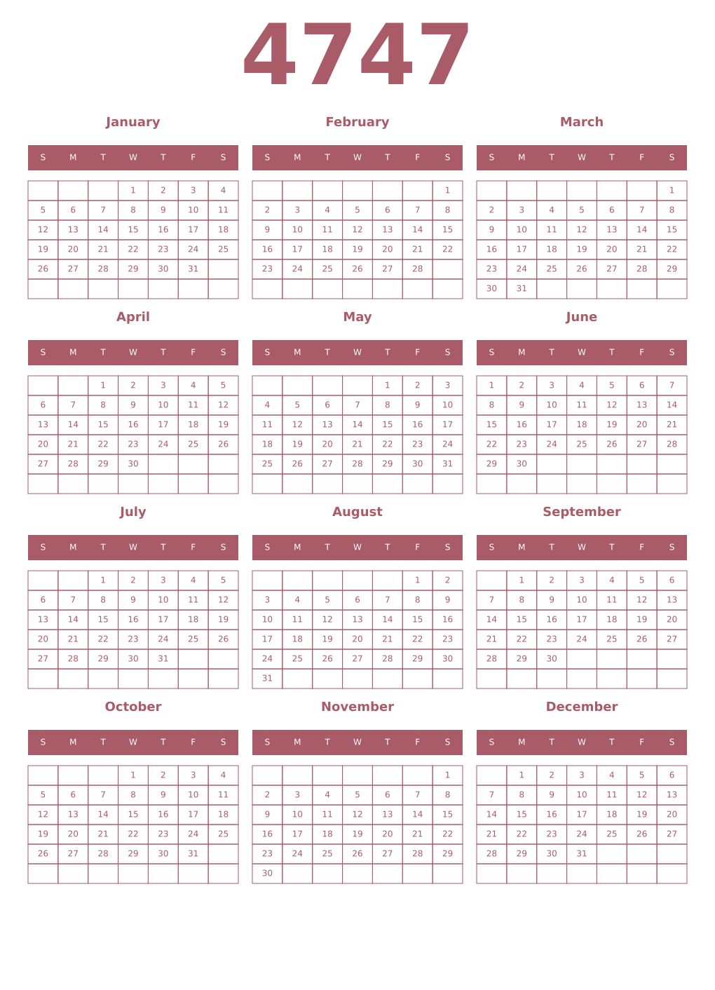Printable 4747 Year Calendars puce