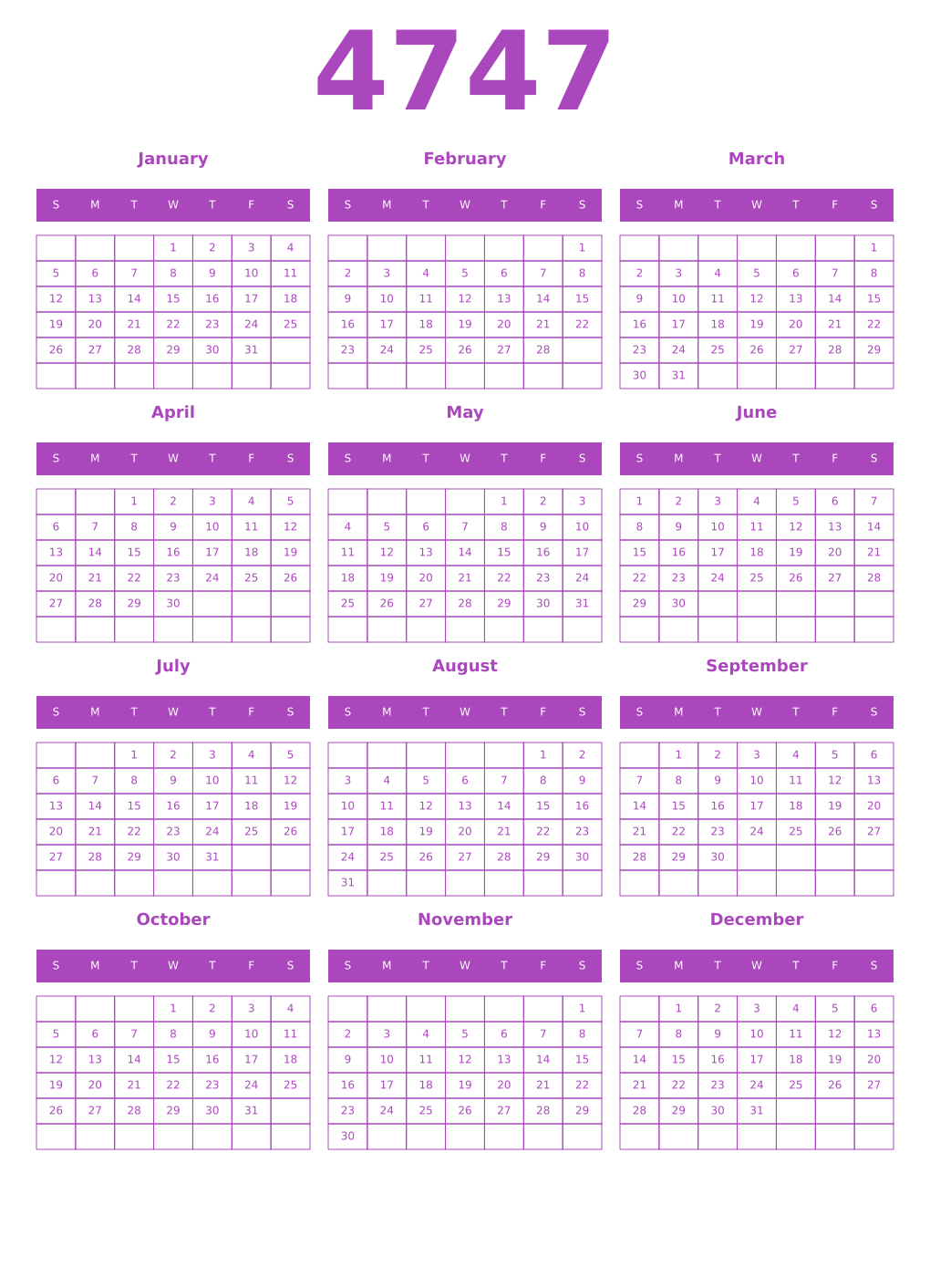 Printable 4747 Year Calendars purple