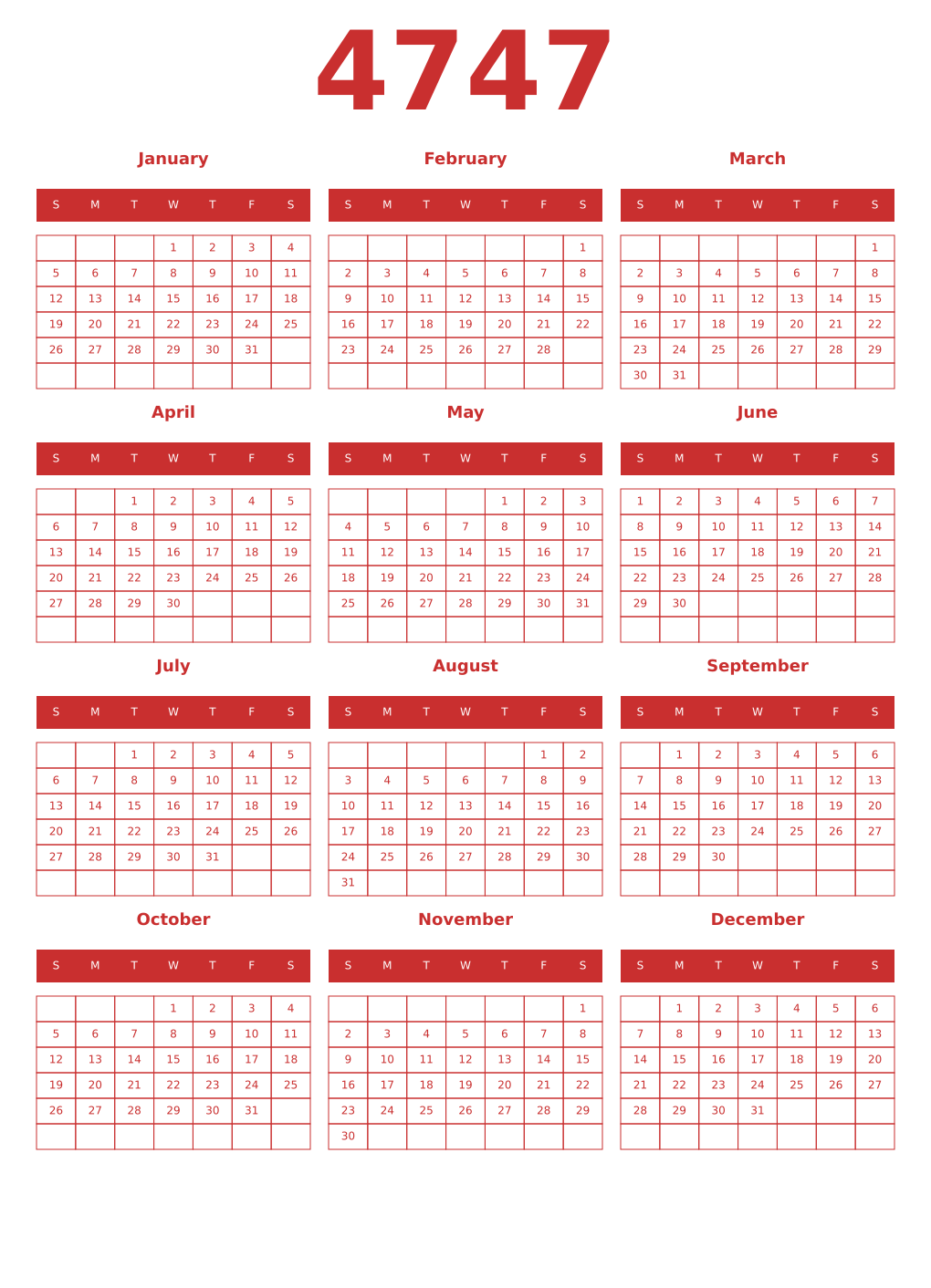 Printable 4747 Year Calendars red
