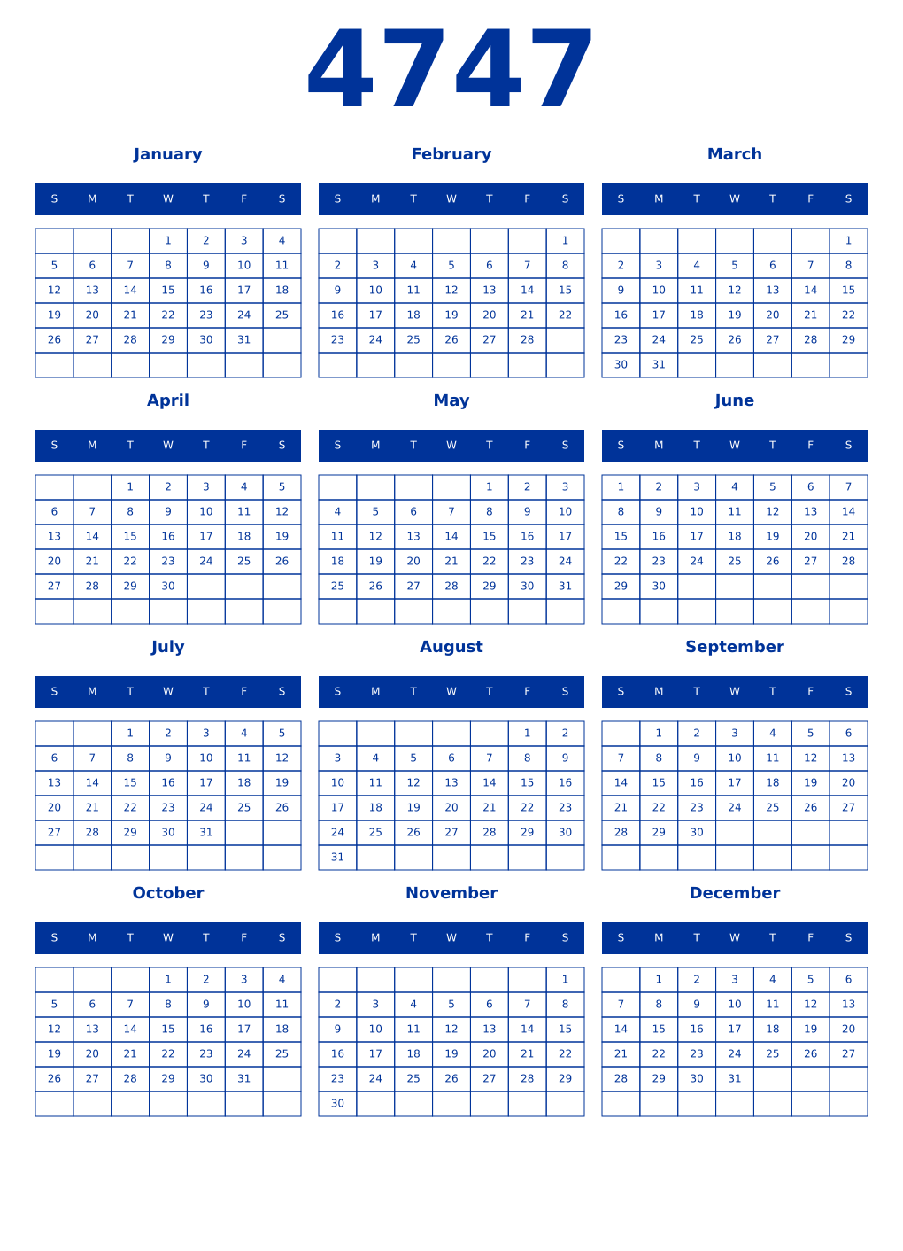 Printable 4747 Year Calendars smalt